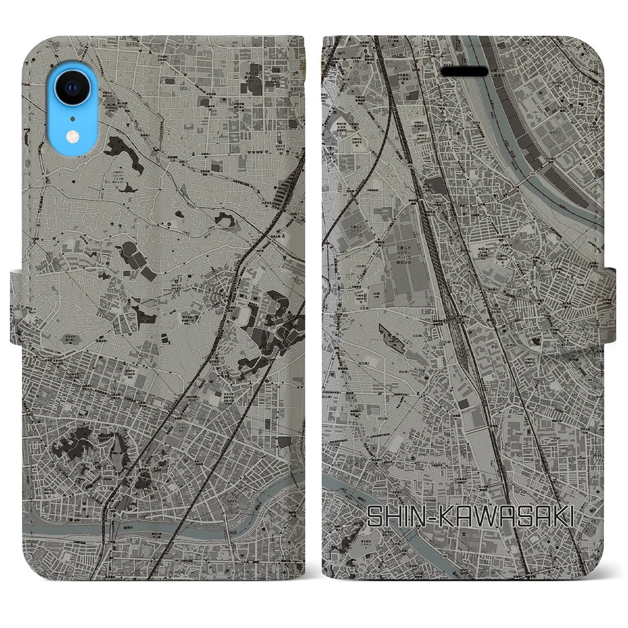 【新川崎(神奈川県)】地図柄iPhoneケース(手帳タイプ)モノトーン・iPhone XR 用
