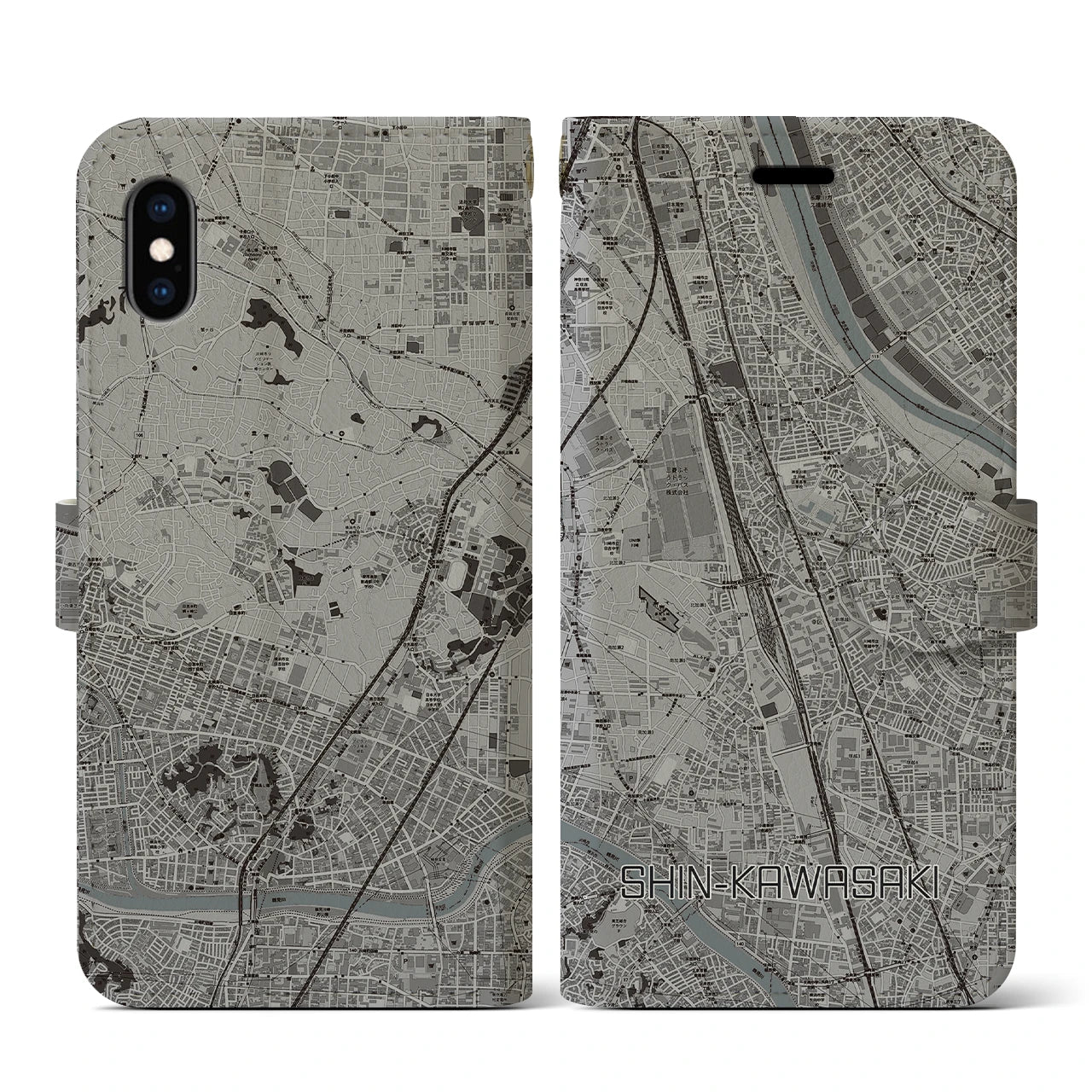 【新川崎(神奈川県)】地図柄iPhoneケース(手帳タイプ)モノトーン・iPhone XS / X 用