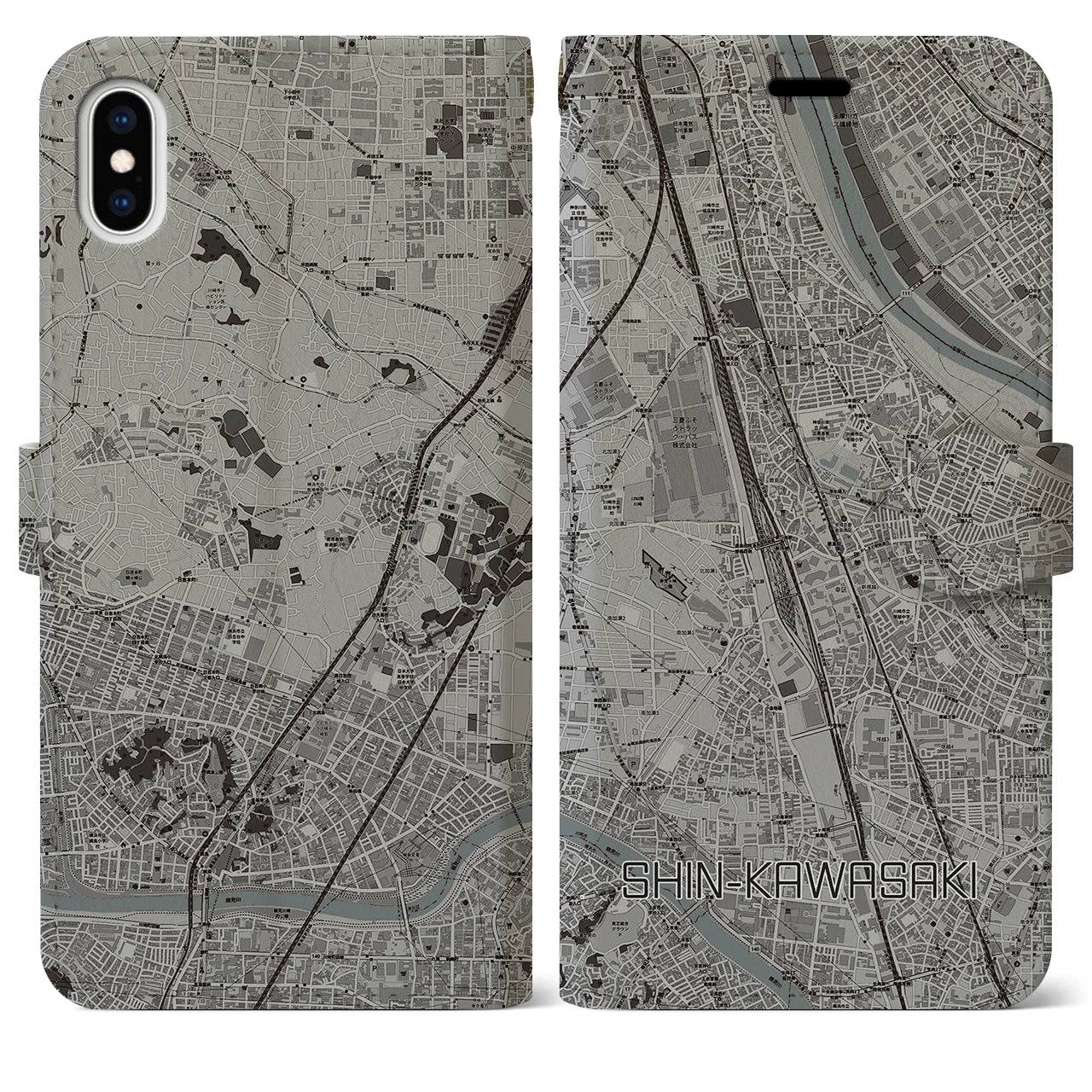 【新川崎(神奈川県)】地図柄iPhoneケース(手帳タイプ)モノトーン・iPhone XS Max 用