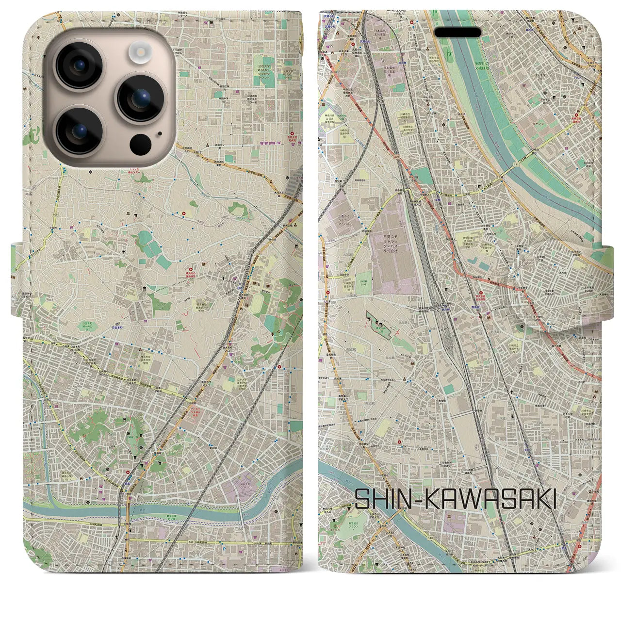 【新川崎(神奈川県)】地図柄iPhoneケース(手帳タイプ)ナチュラル・iPhone 16 Plus 用