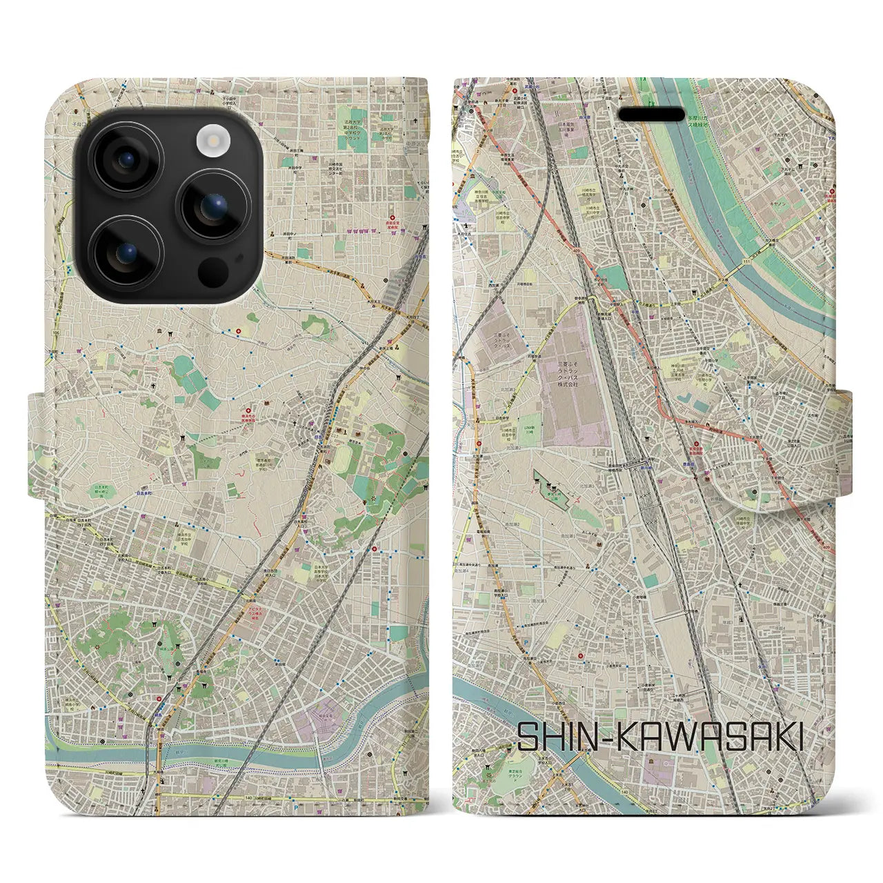 【新川崎(神奈川県)】地図柄iPhoneケース(手帳タイプ)ナチュラル・iPhone 16 用
