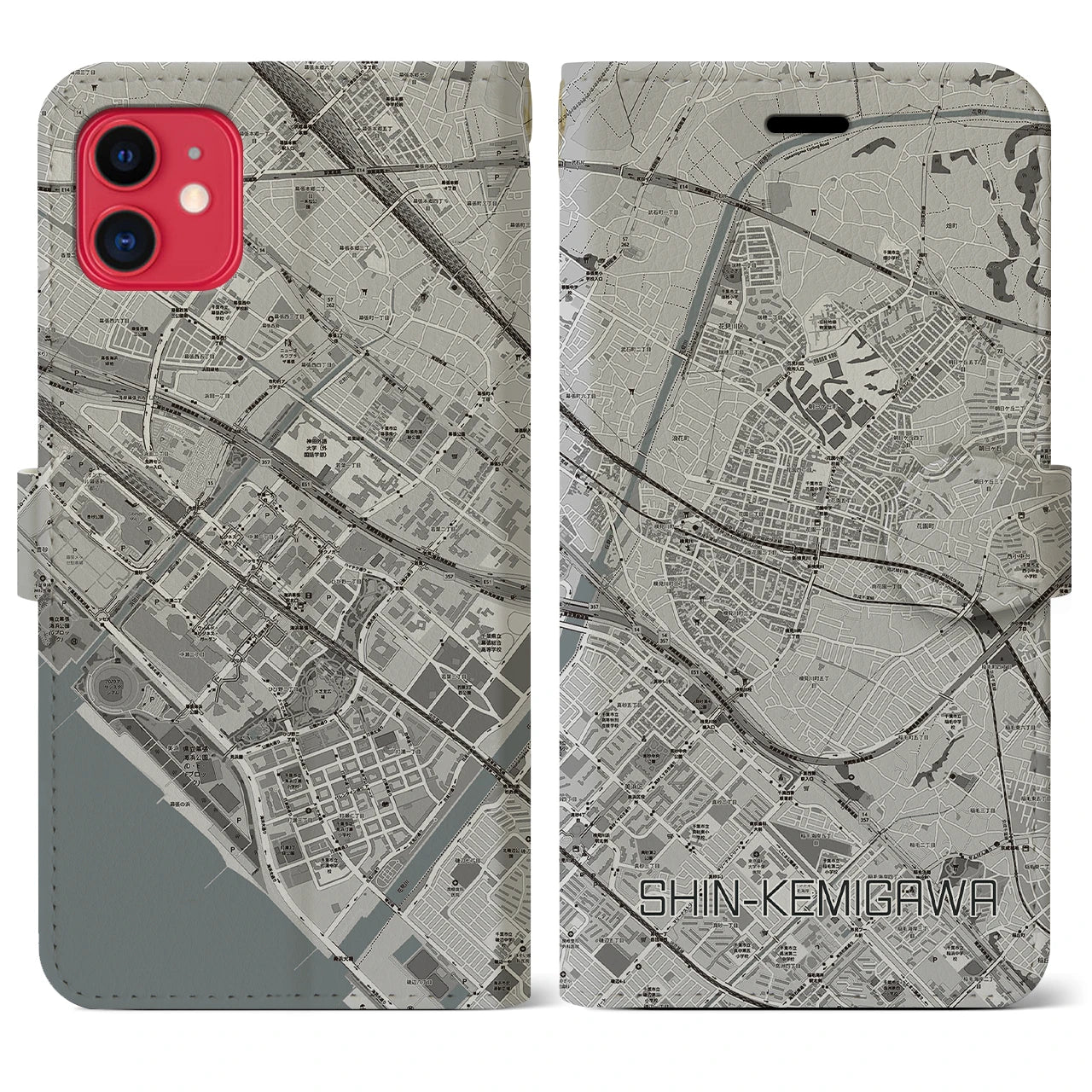 【新検見川(千葉県)】地図柄iPhoneケース(手帳タイプ)モノトーン・iPhone 11 用