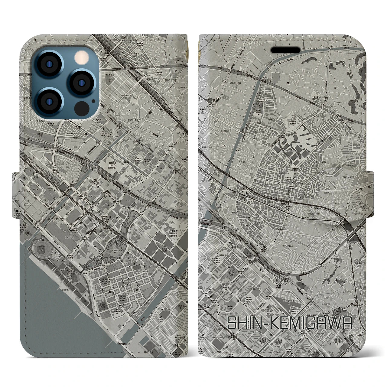 【新検見川(千葉県)】地図柄iPhoneケース(手帳タイプ)モノトーン・iPhone 12 / 12 Pro 用
