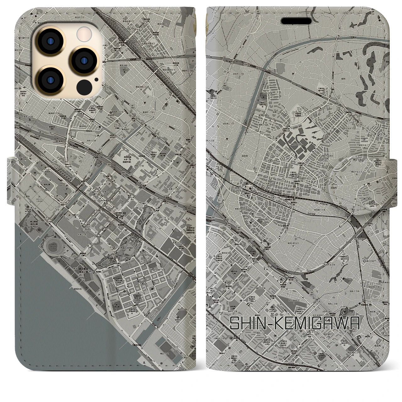 【新検見川(千葉県)】地図柄iPhoneケース(手帳タイプ)モノトーン・iPhone 12 Pro Max 用