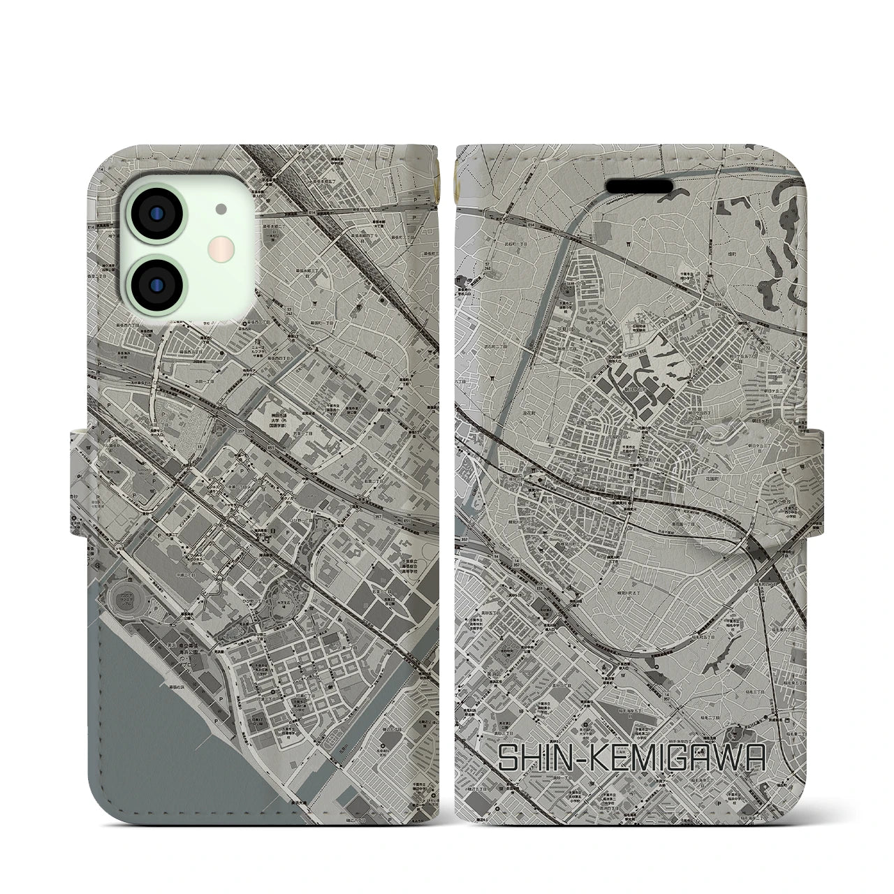 【新検見川(千葉県)】地図柄iPhoneケース(手帳タイプ)モノトーン・iPhone 12 mini 用