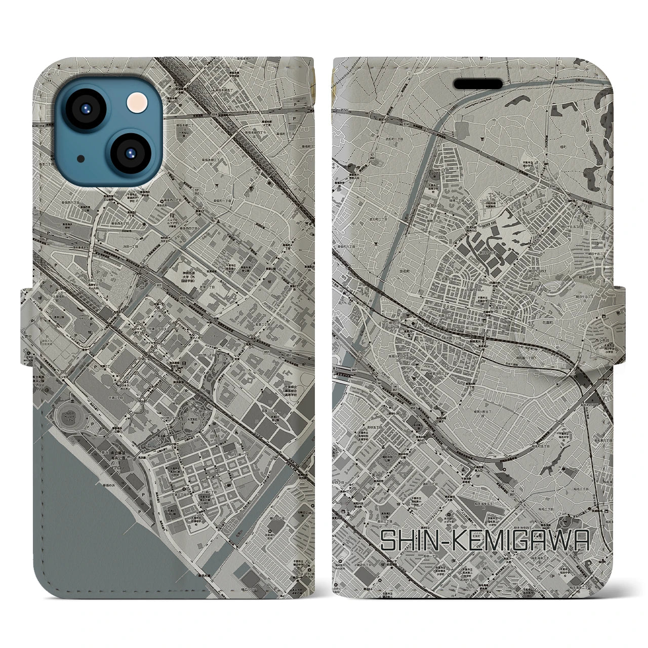 【新検見川(千葉県)】地図柄iPhoneケース(手帳タイプ)モノトーン・iPhone 13 用