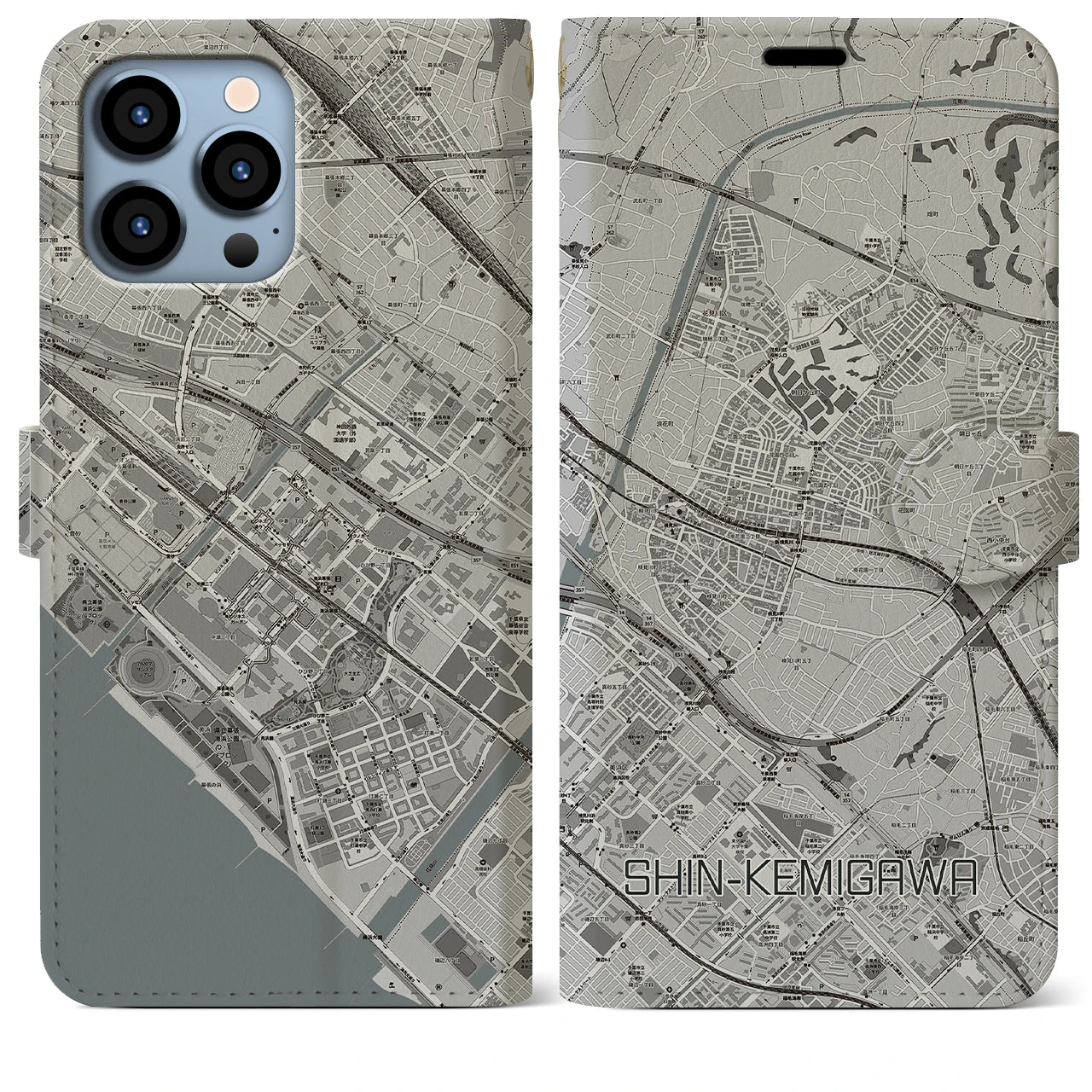 【新検見川(千葉県)】地図柄iPhoneケース(手帳タイプ)モノトーン・iPhone 13 Pro Max 用