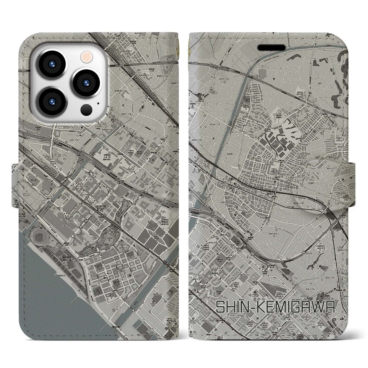 【新検見川(千葉県)】地図柄iPhoneケース(手帳タイプ)モノトーン・iPhone 13 Pro 用