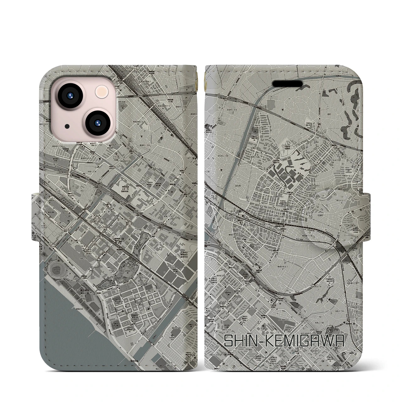 【新検見川(千葉県)】地図柄iPhoneケース(手帳タイプ)モノトーン・iPhone 13 mini 用