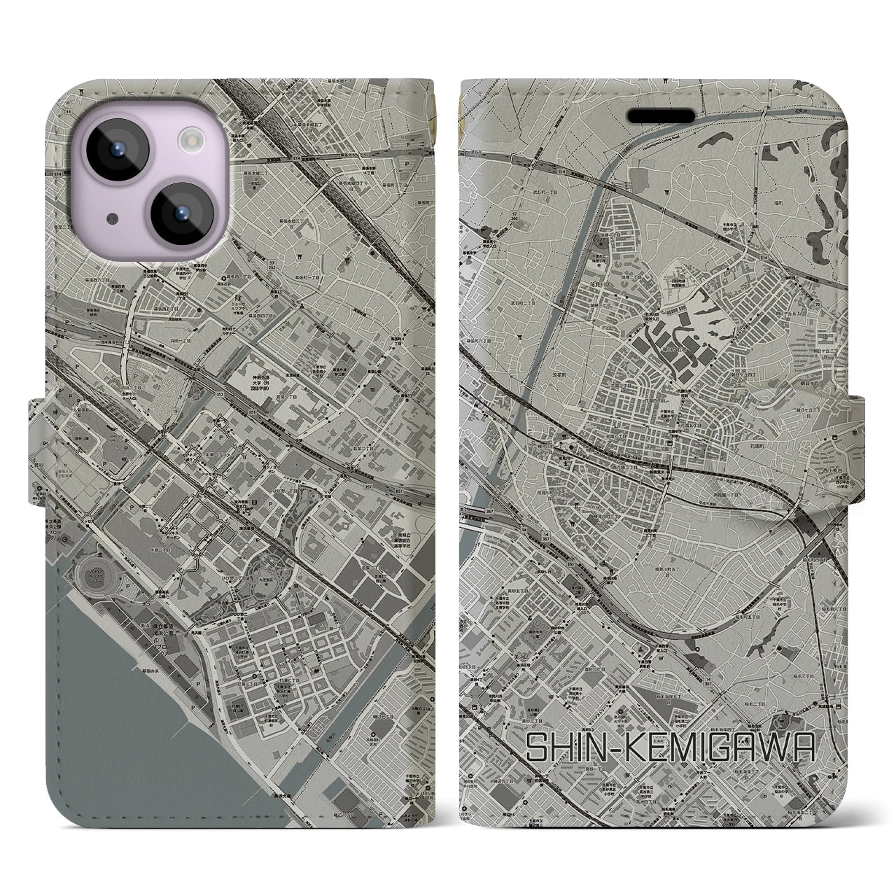 【新検見川(千葉県)】地図柄iPhoneケース(手帳タイプ)モノトーン・iPhone 14 用