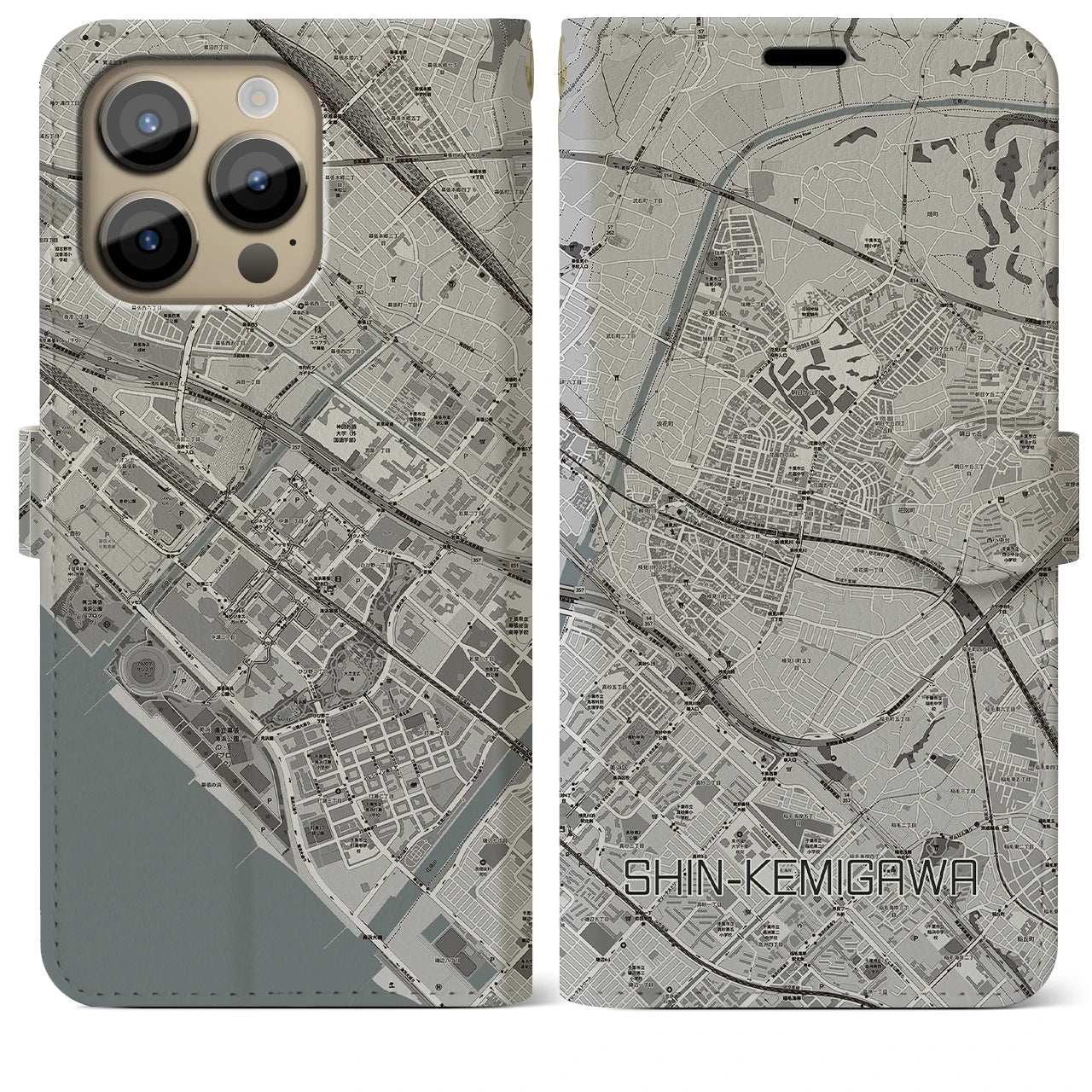【新検見川(千葉県)】地図柄iPhoneケース(手帳タイプ)モノトーン・iPhone 14 Pro Max 用