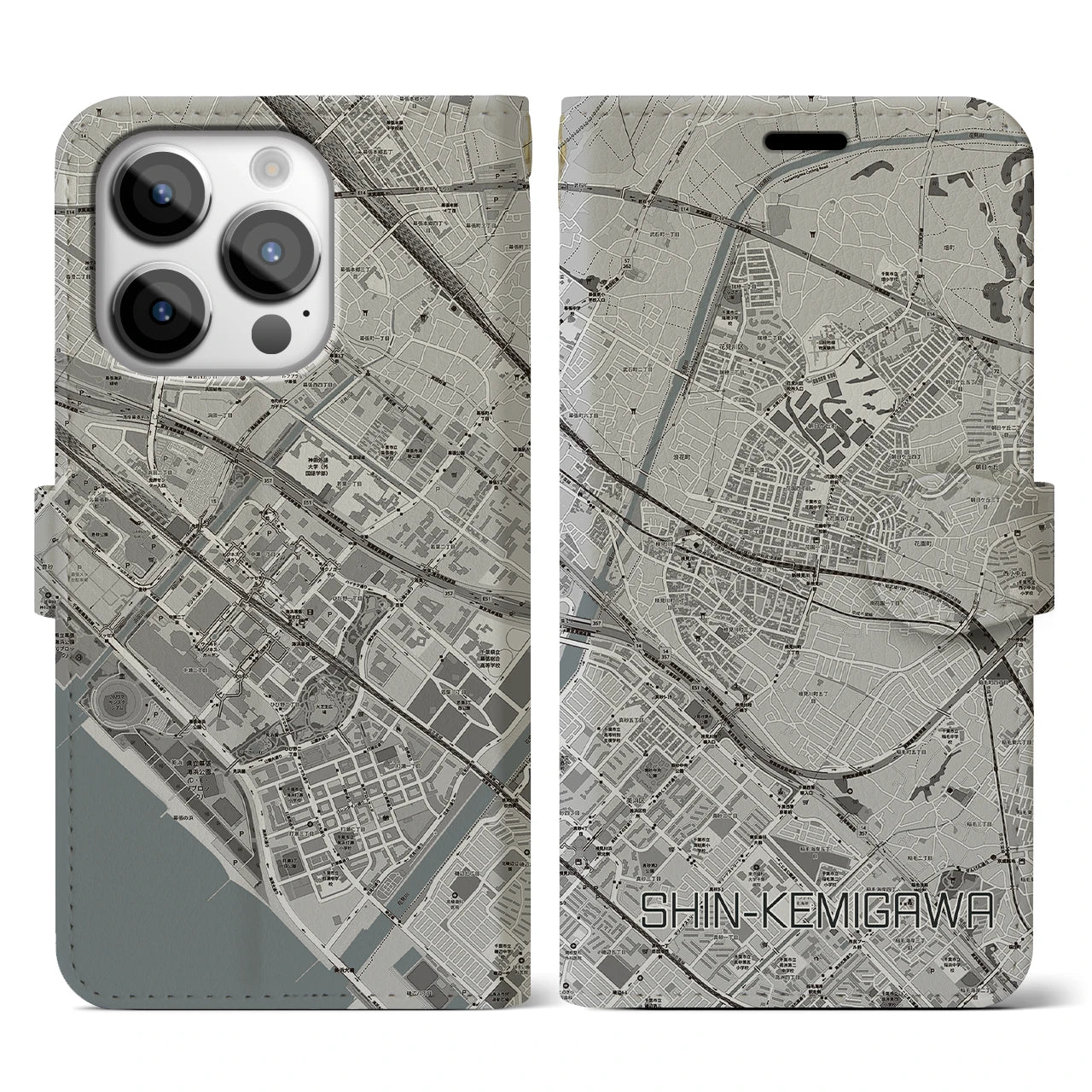 【新検見川(千葉県)】地図柄iPhoneケース(手帳タイプ)モノトーン・iPhone 14 Pro 用