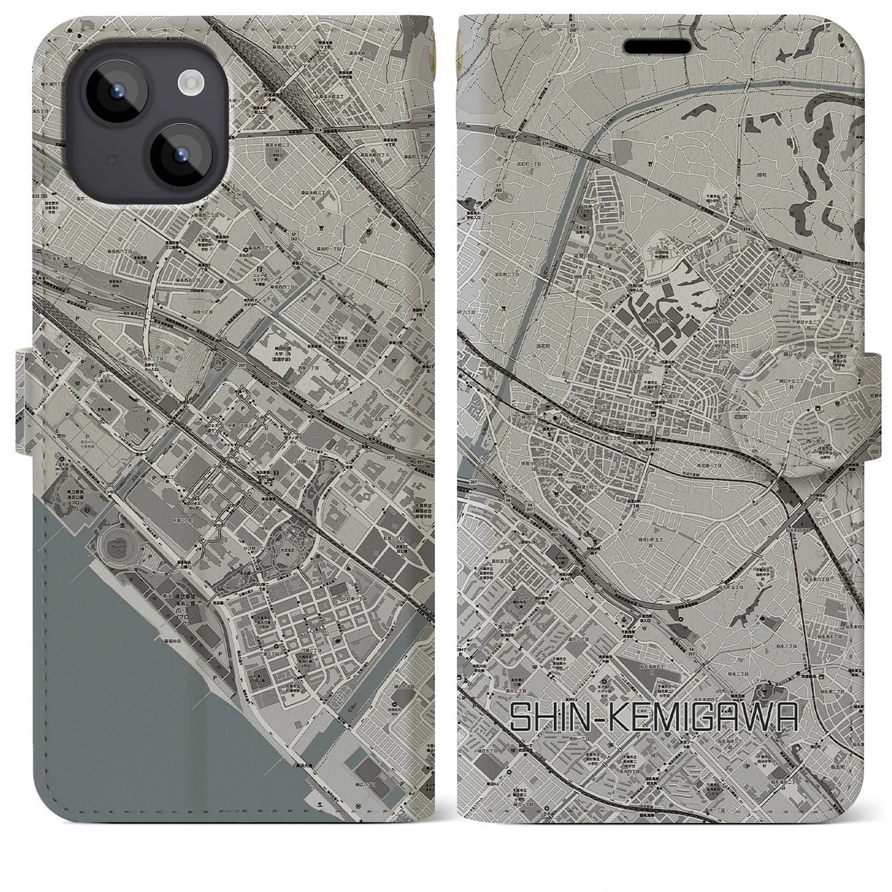 【新検見川(千葉県)】地図柄iPhoneケース(手帳タイプ)モノトーン・iPhone 14 Plus 用