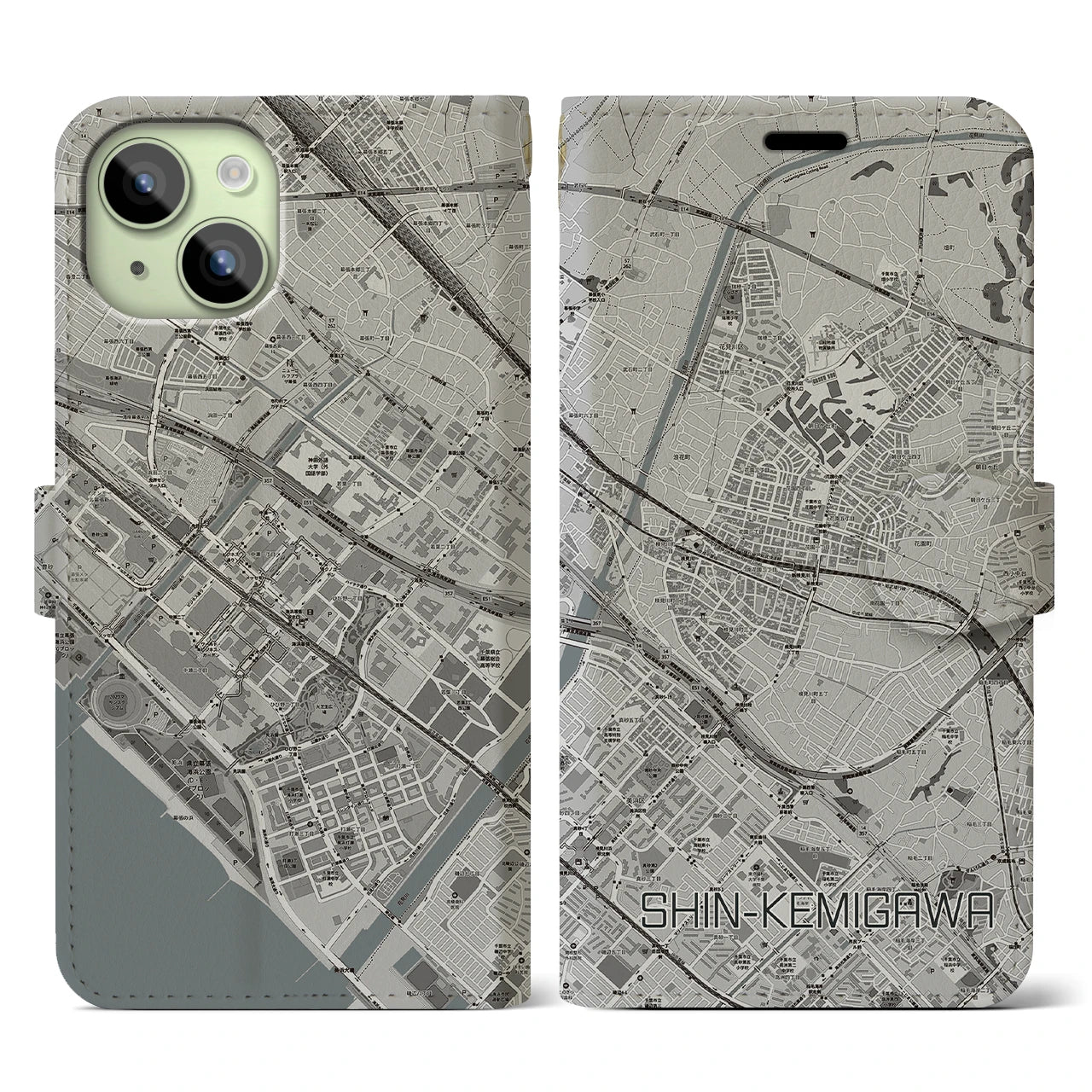 【新検見川(千葉県)】地図柄iPhoneケース(手帳タイプ)モノトーン・iPhone 15 用