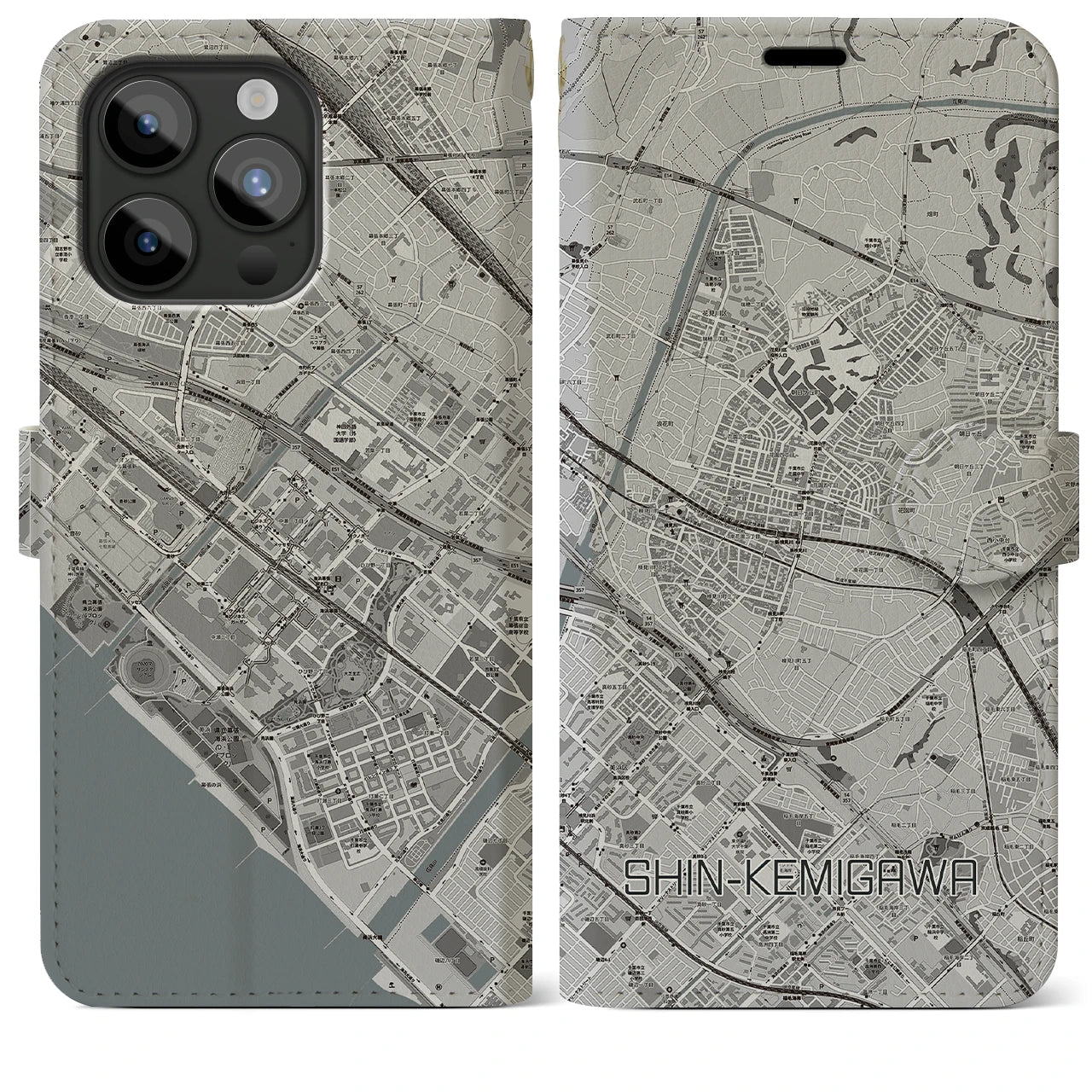 【新検見川(千葉県)】地図柄iPhoneケース(手帳タイプ)モノトーン・iPhone 15 Pro Max 用