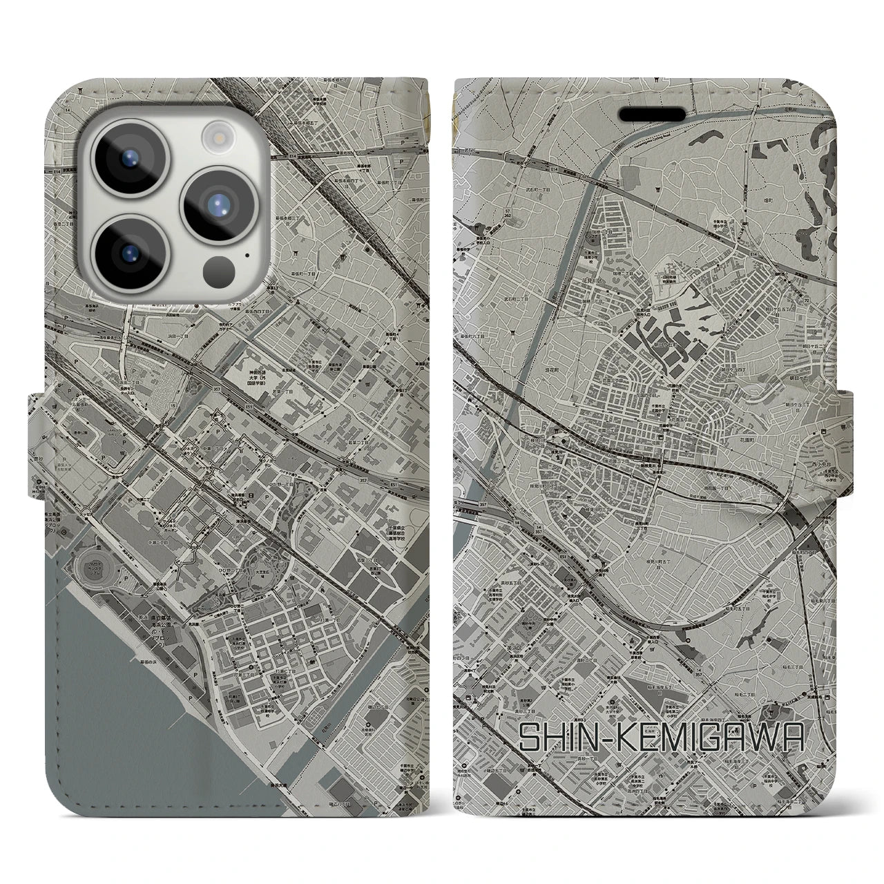 【新検見川(千葉県)】地図柄iPhoneケース(手帳タイプ)モノトーン・iPhone 15 Pro 用