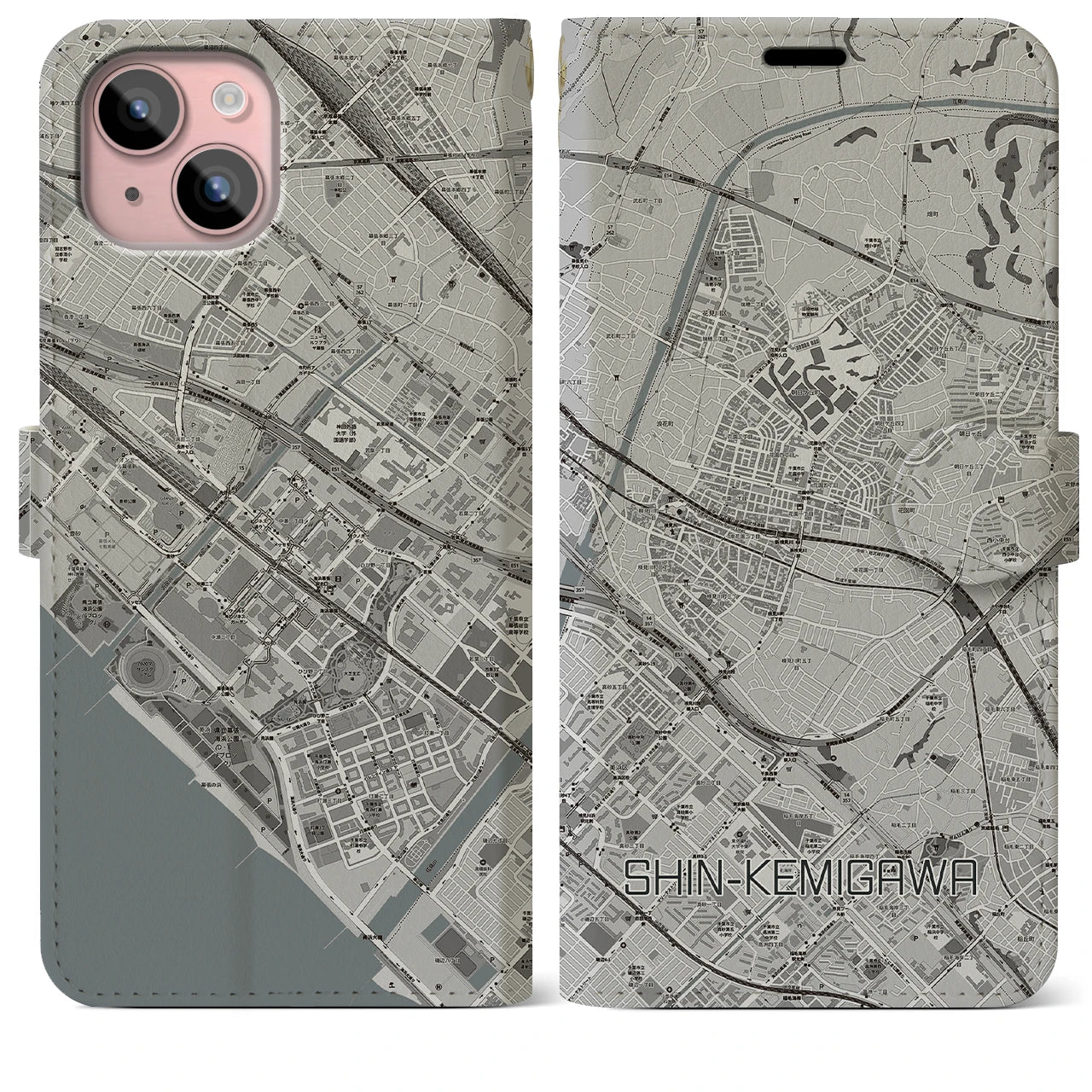 【新検見川(千葉県)】地図柄iPhoneケース(手帳タイプ)モノトーン・iPhone 15 Plus 用