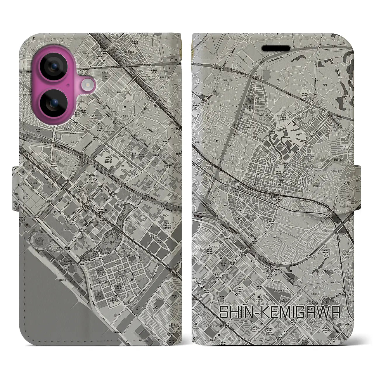 【新検見川(千葉県)】地図柄iPhoneケース(手帳タイプ)モノトーン・iPhone 16 Pro 用