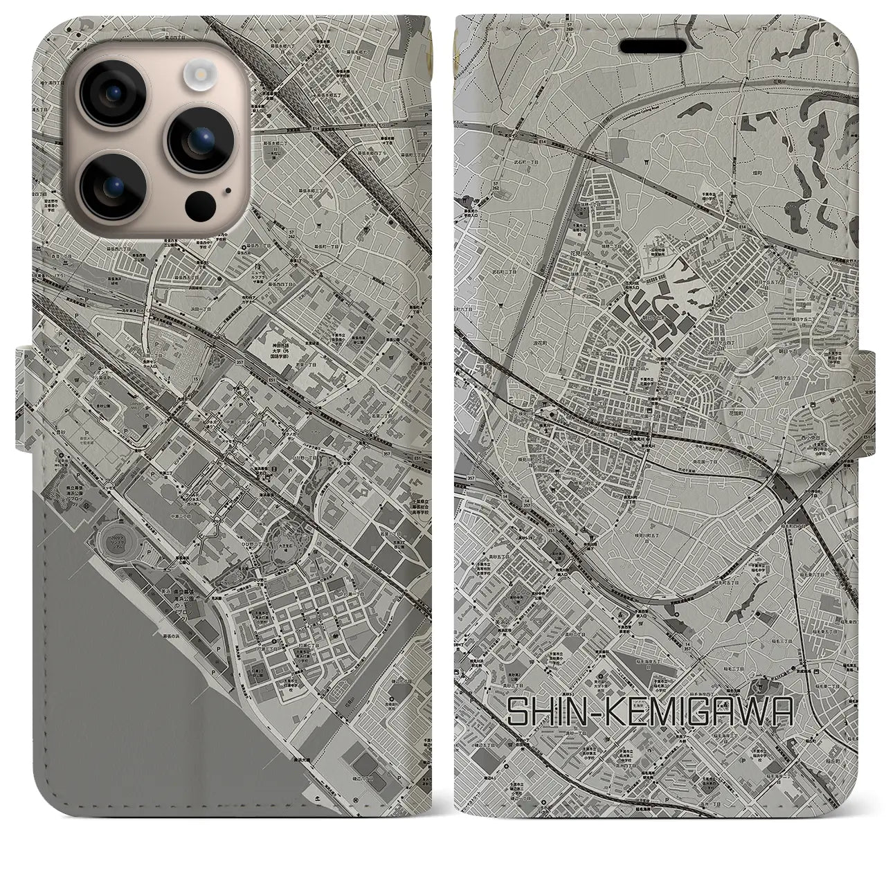 【新検見川(千葉県)】地図柄iPhoneケース(手帳タイプ)モノトーン・iPhone 16 Plus 用