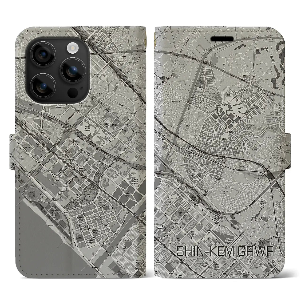 【新検見川(千葉県)】地図柄iPhoneケース(手帳タイプ)モノトーン・iPhone 16 用