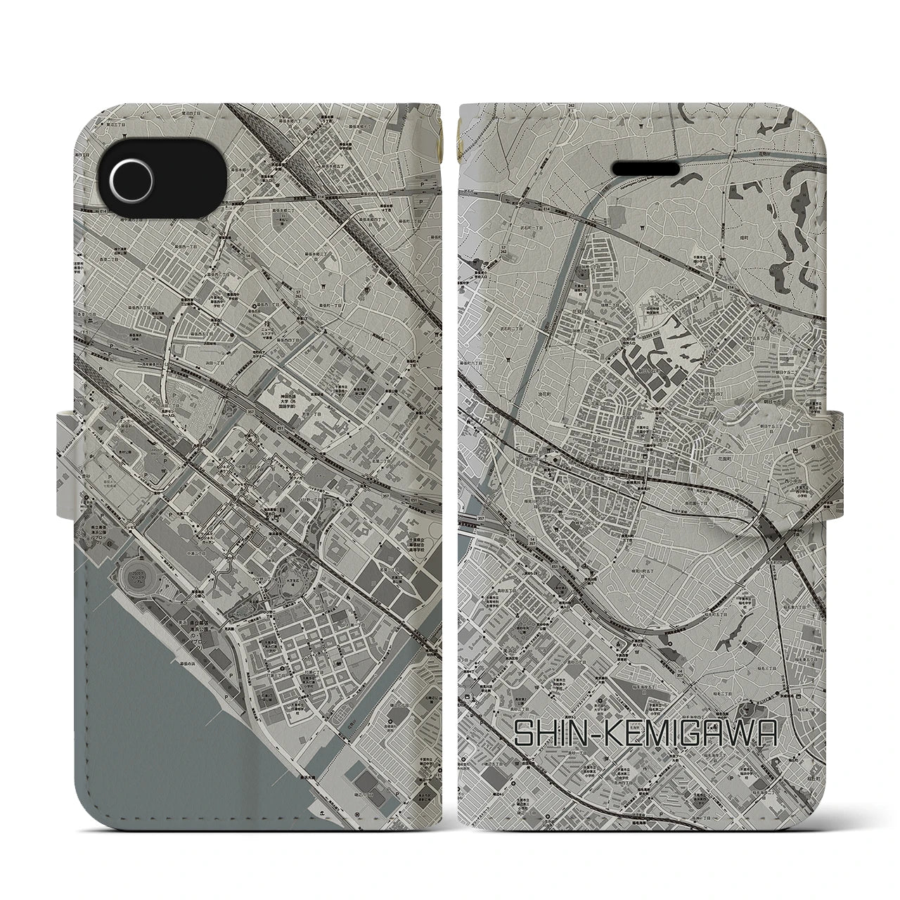 【新検見川(千葉県)】地図柄iPhoneケース(手帳タイプ)モノトーン・iPhone SE(第3 / 第2世代) / 8 / 7 / 6s / 6 用