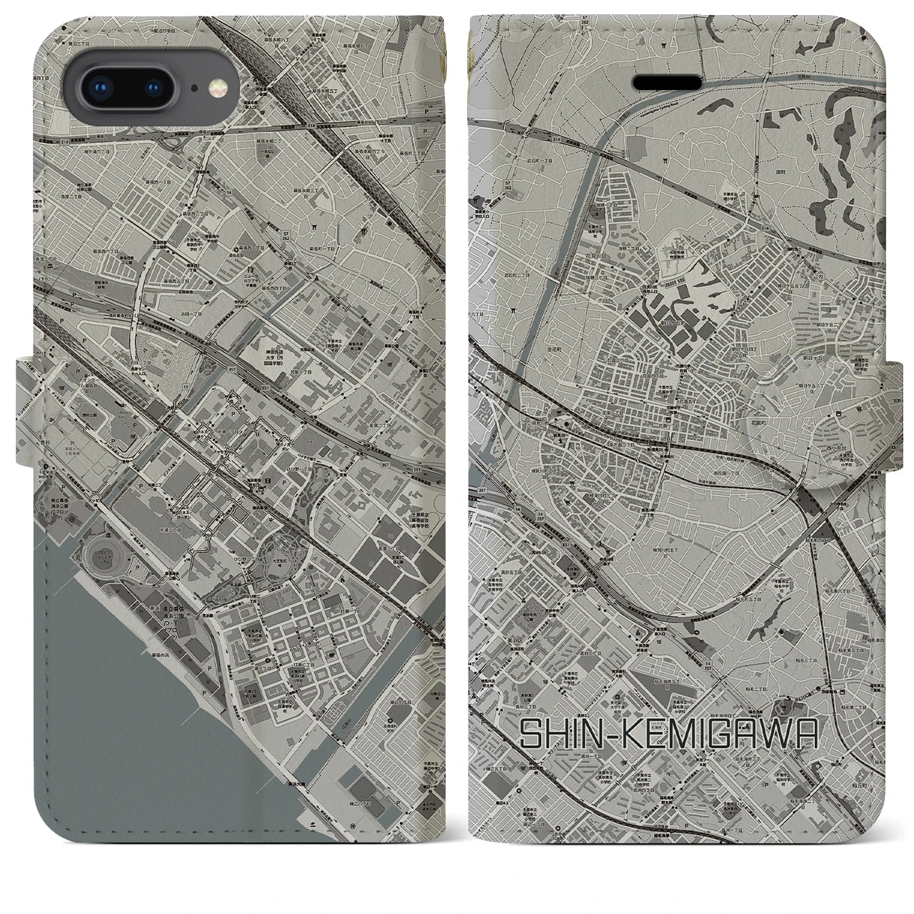 【新検見川(千葉県)】地図柄iPhoneケース(手帳タイプ)モノトーン・iPhone 8Plus /7Plus / 6sPlus / 6Plus 用