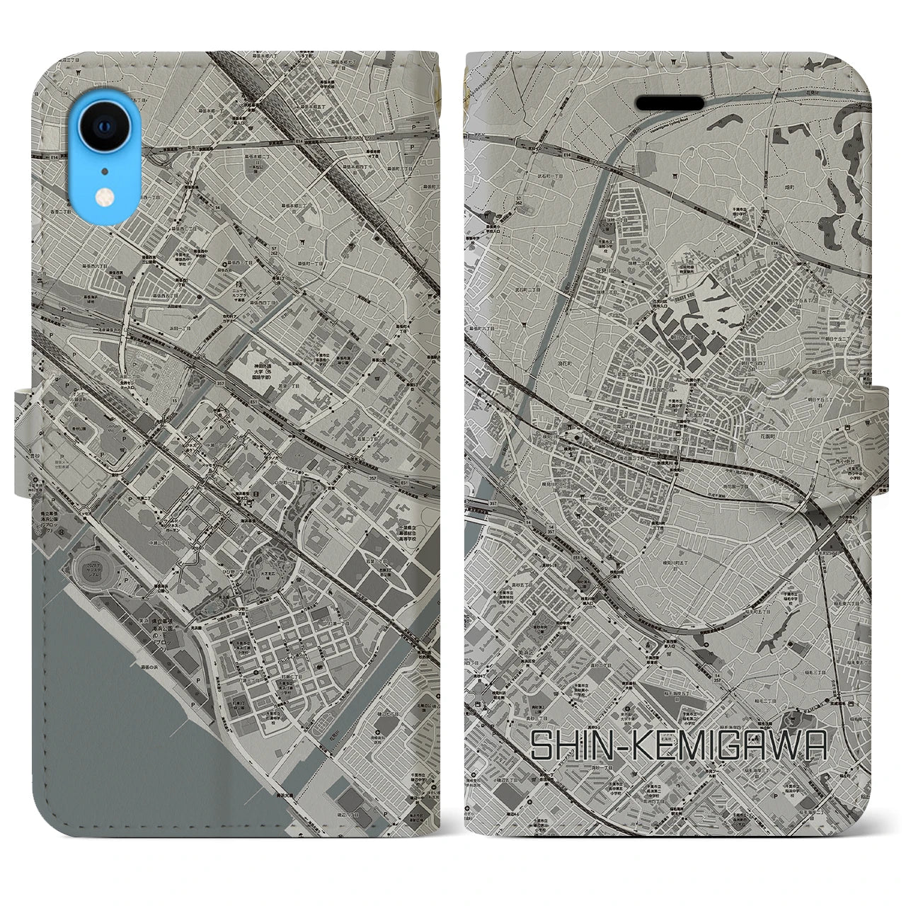 【新検見川(千葉県)】地図柄iPhoneケース(手帳タイプ)モノトーン・iPhone XR 用