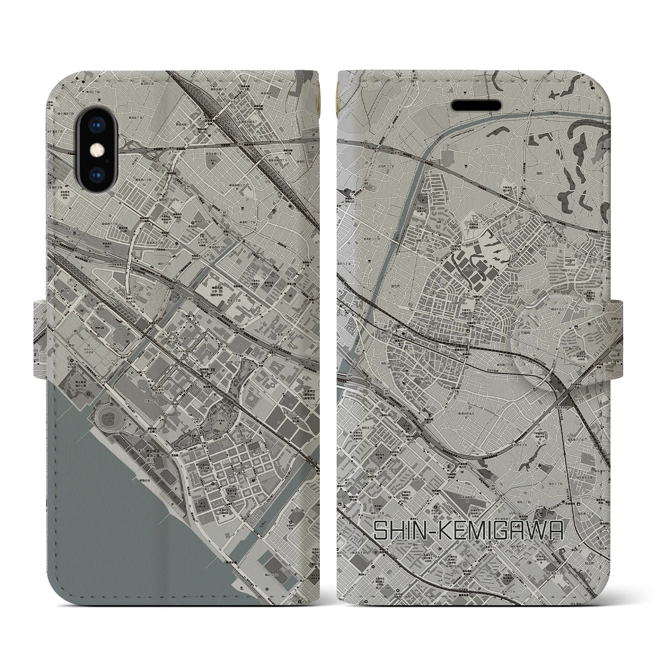 【新検見川(千葉県)】地図柄iPhoneケース(手帳タイプ)モノトーン・iPhone XS / X 用