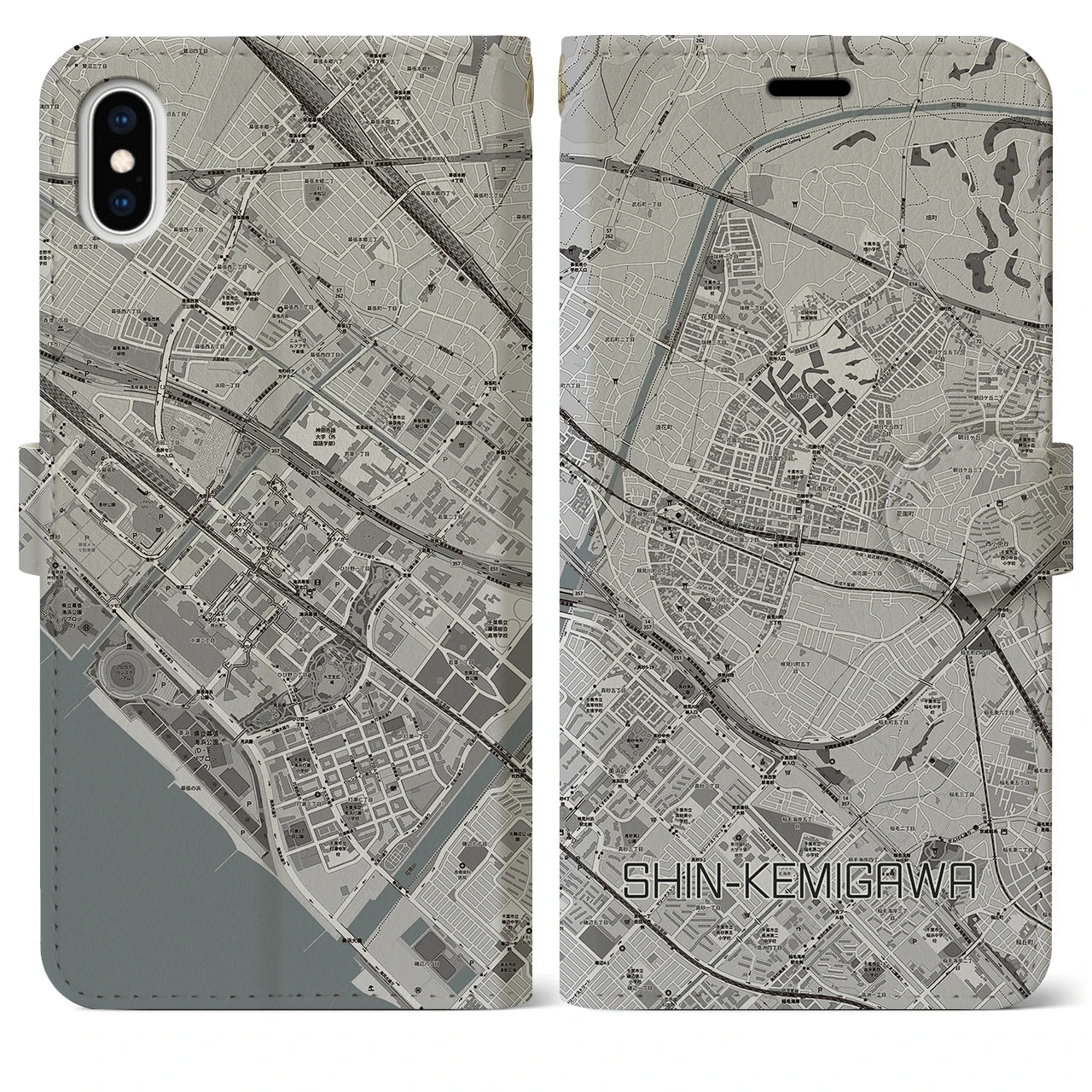【新検見川(千葉県)】地図柄iPhoneケース(手帳タイプ)モノトーン・iPhone XS Max 用