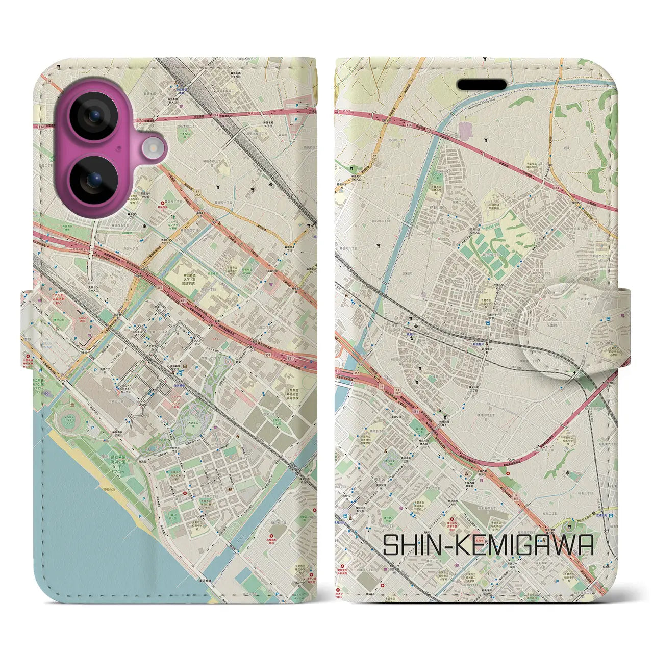 【新検見川(千葉県)】地図柄iPhoneケース(手帳タイプ)ナチュラル・iPhone 16 Pro 用