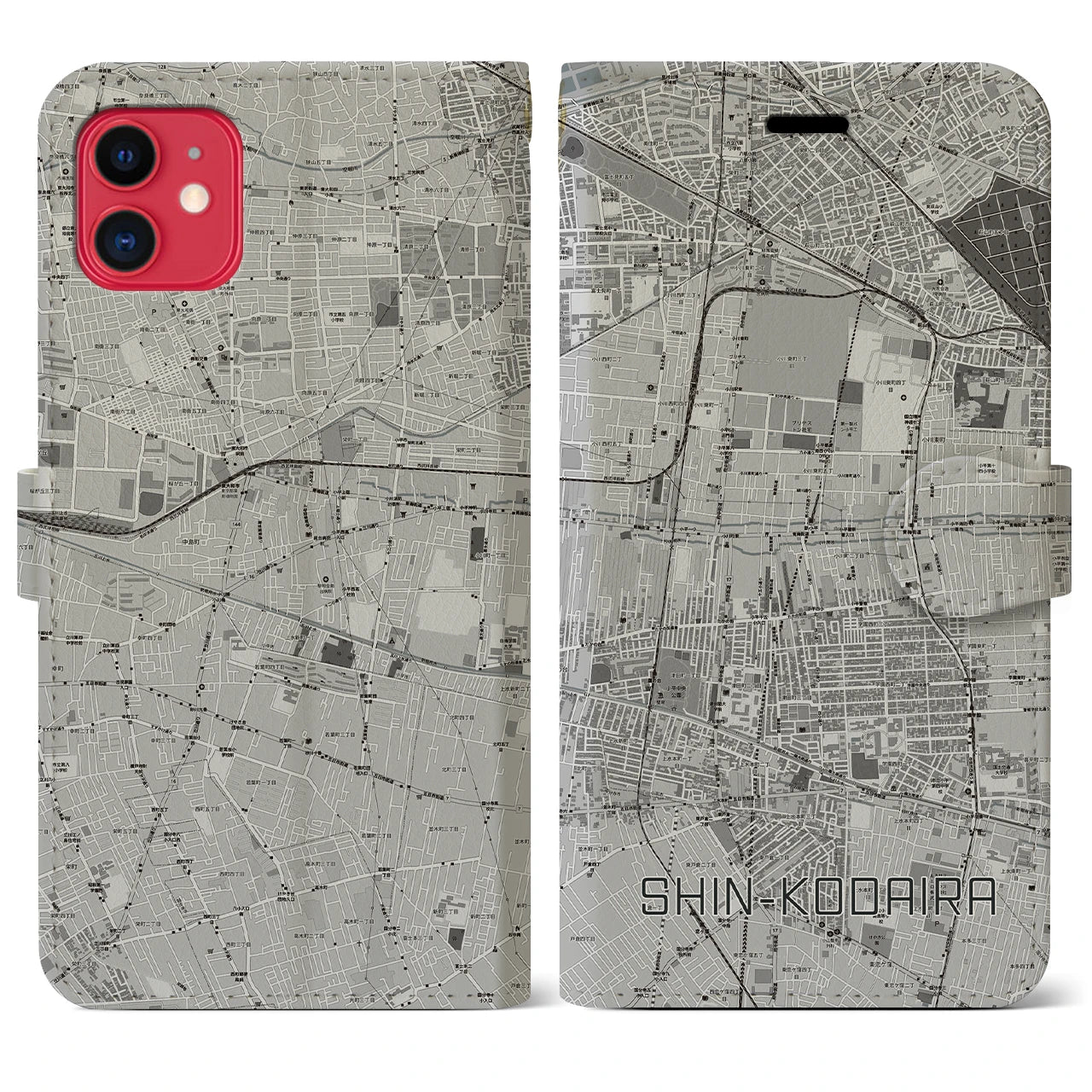 【新小平(東京都)】地図柄iPhoneケース(手帳タイプ)モノトーン・iPhone 11 用