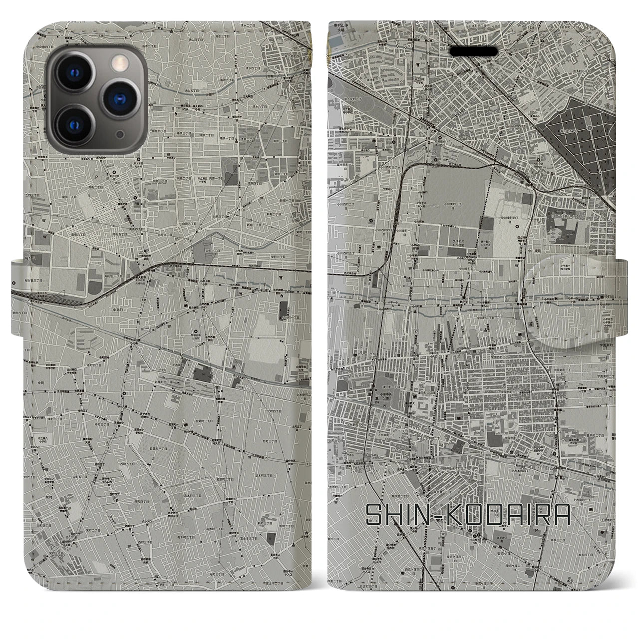 【新小平(東京都)】地図柄iPhoneケース(手帳タイプ)モノトーン・iPhone 11 Pro Max 用