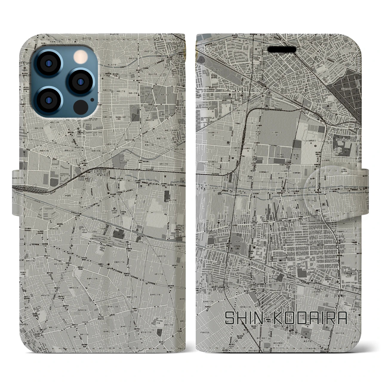 【新小平(東京都)】地図柄iPhoneケース(手帳タイプ)モノトーン・iPhone 12 / 12 Pro 用
