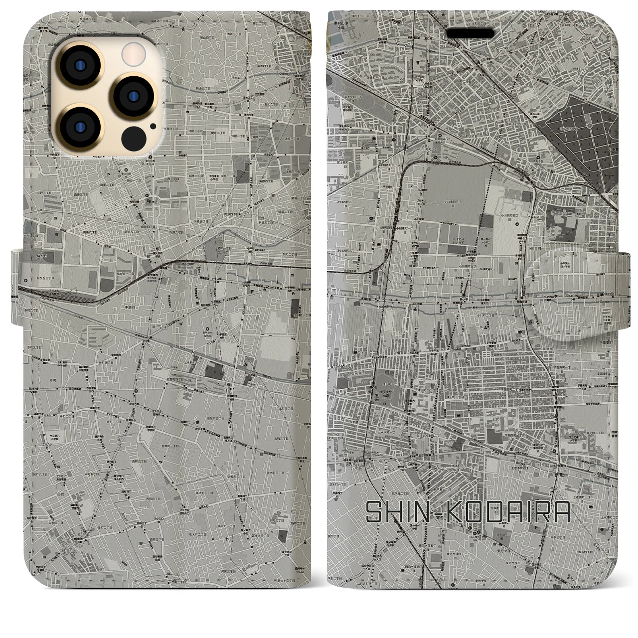 【新小平(東京都)】地図柄iPhoneケース(手帳タイプ)モノトーン・iPhone 12 Pro Max 用