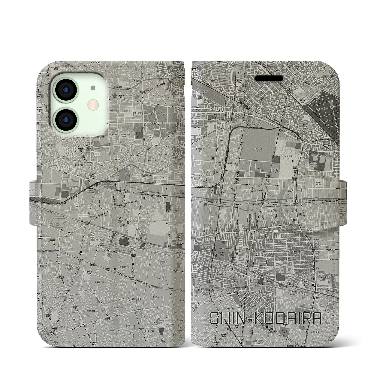 【新小平(東京都)】地図柄iPhoneケース(手帳タイプ)モノトーン・iPhone 12 mini 用