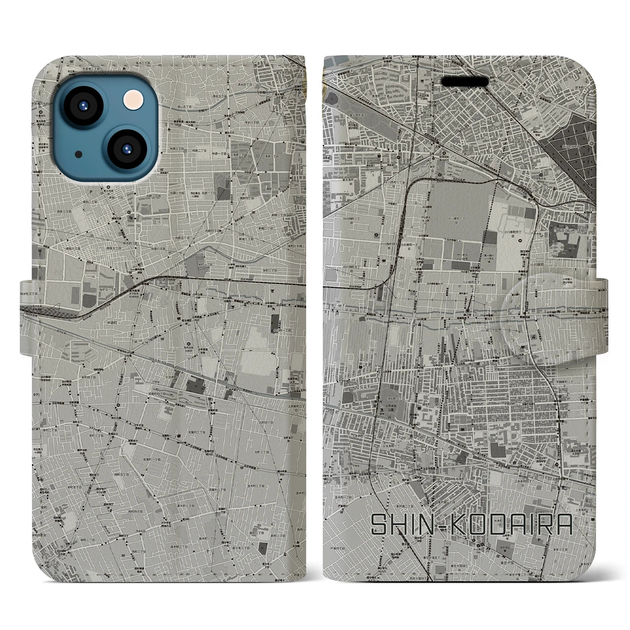 【新小平(東京都)】地図柄iPhoneケース(手帳タイプ)モノトーン・iPhone 13 用