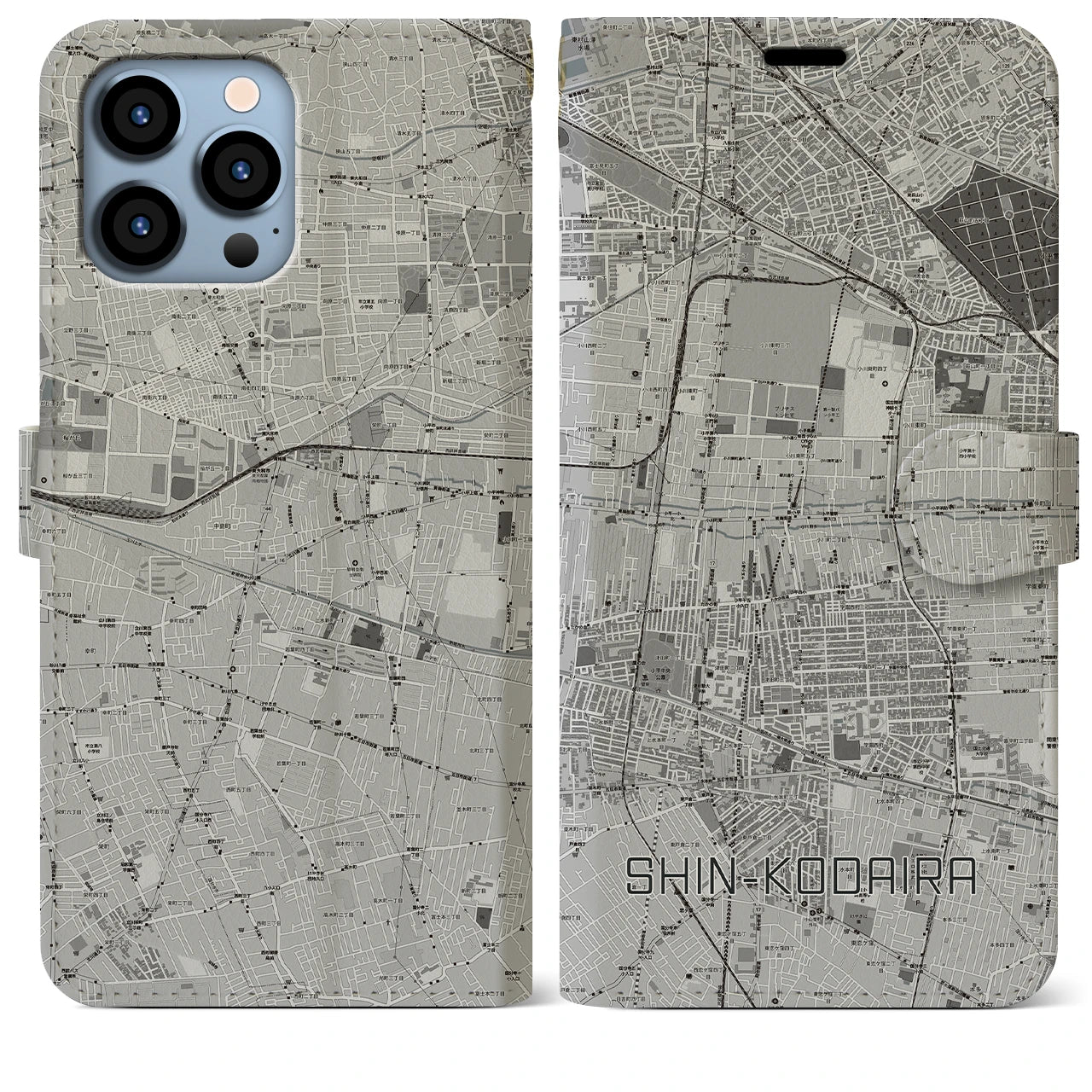 【新小平(東京都)】地図柄iPhoneケース(手帳タイプ)モノトーン・iPhone 13 Pro Max 用