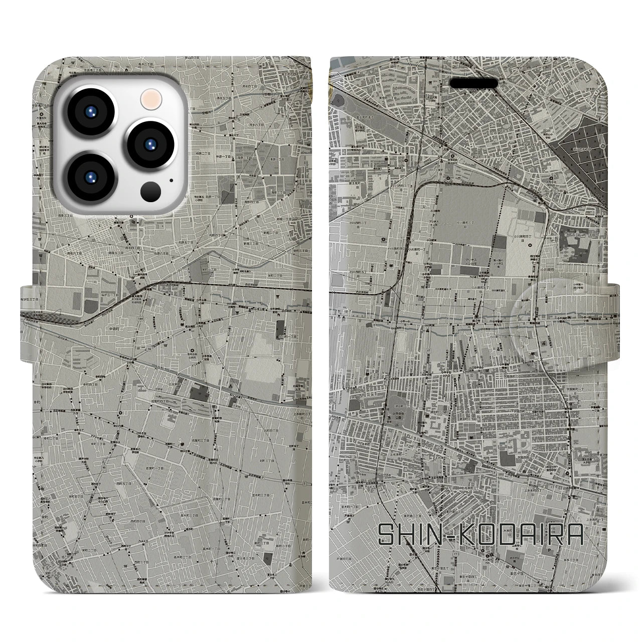 【新小平(東京都)】地図柄iPhoneケース(手帳タイプ)モノトーン・iPhone 13 Pro 用