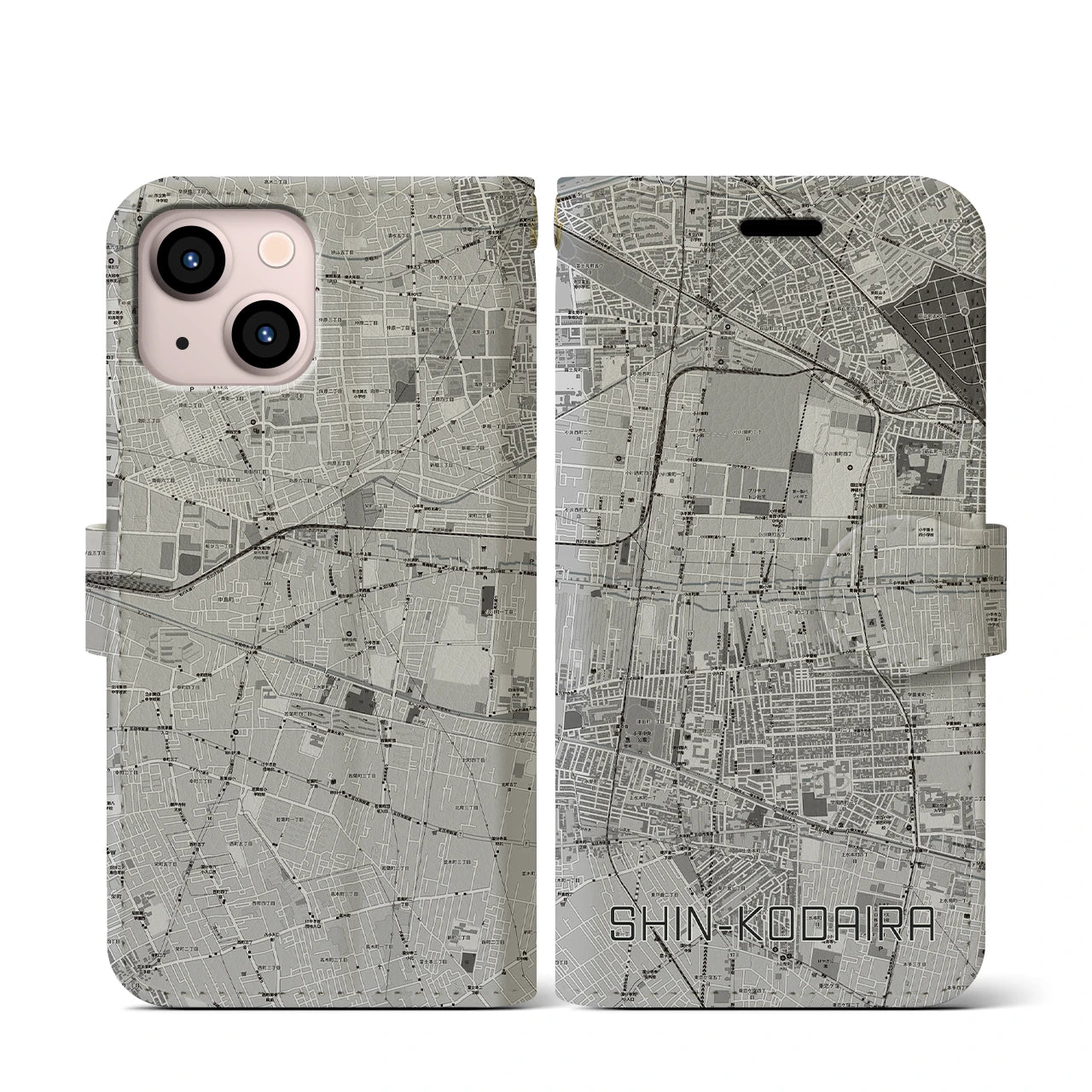 【新小平(東京都)】地図柄iPhoneケース(手帳タイプ)モノトーン・iPhone 13 mini 用