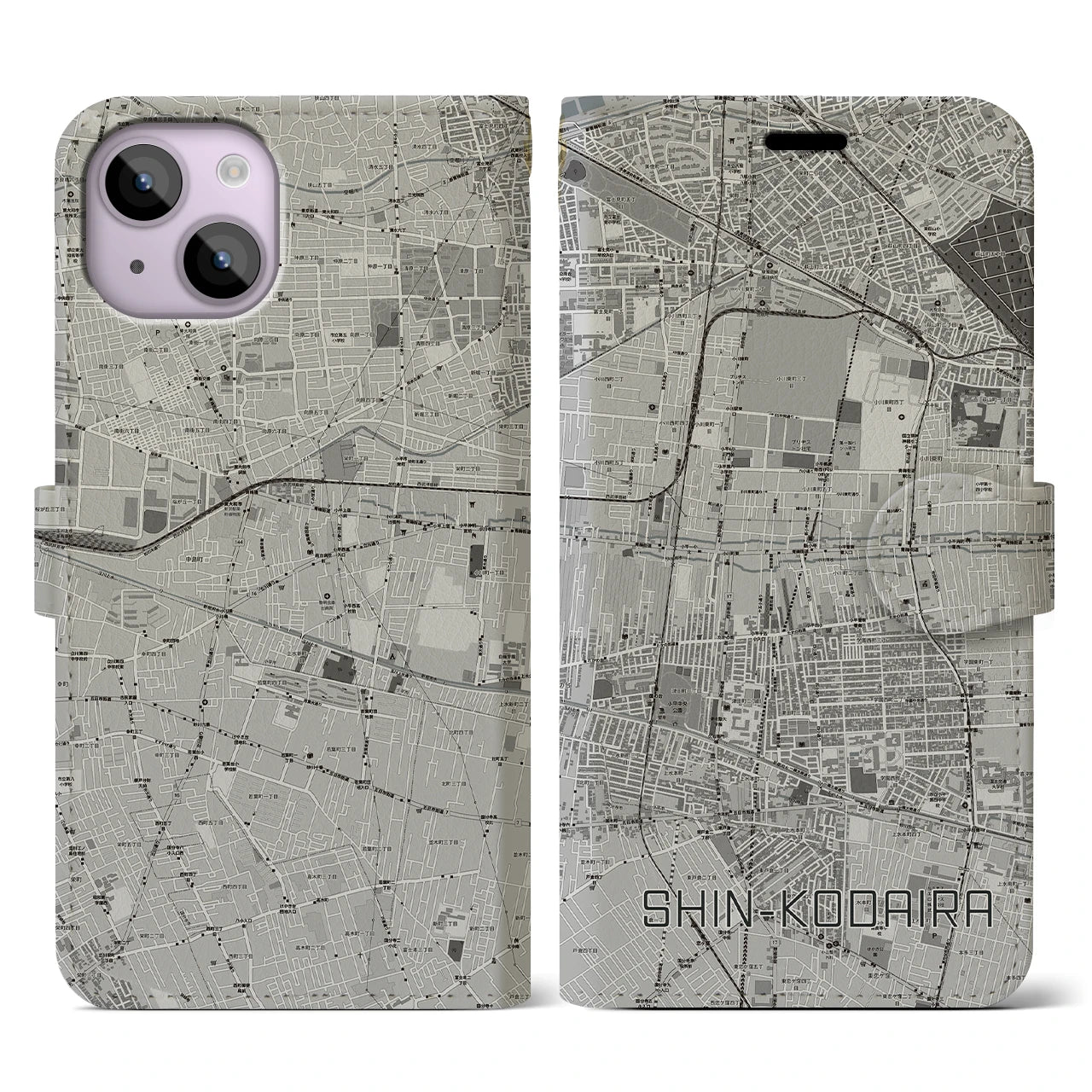 【新小平(東京都)】地図柄iPhoneケース(手帳タイプ)モノトーン・iPhone 14 用