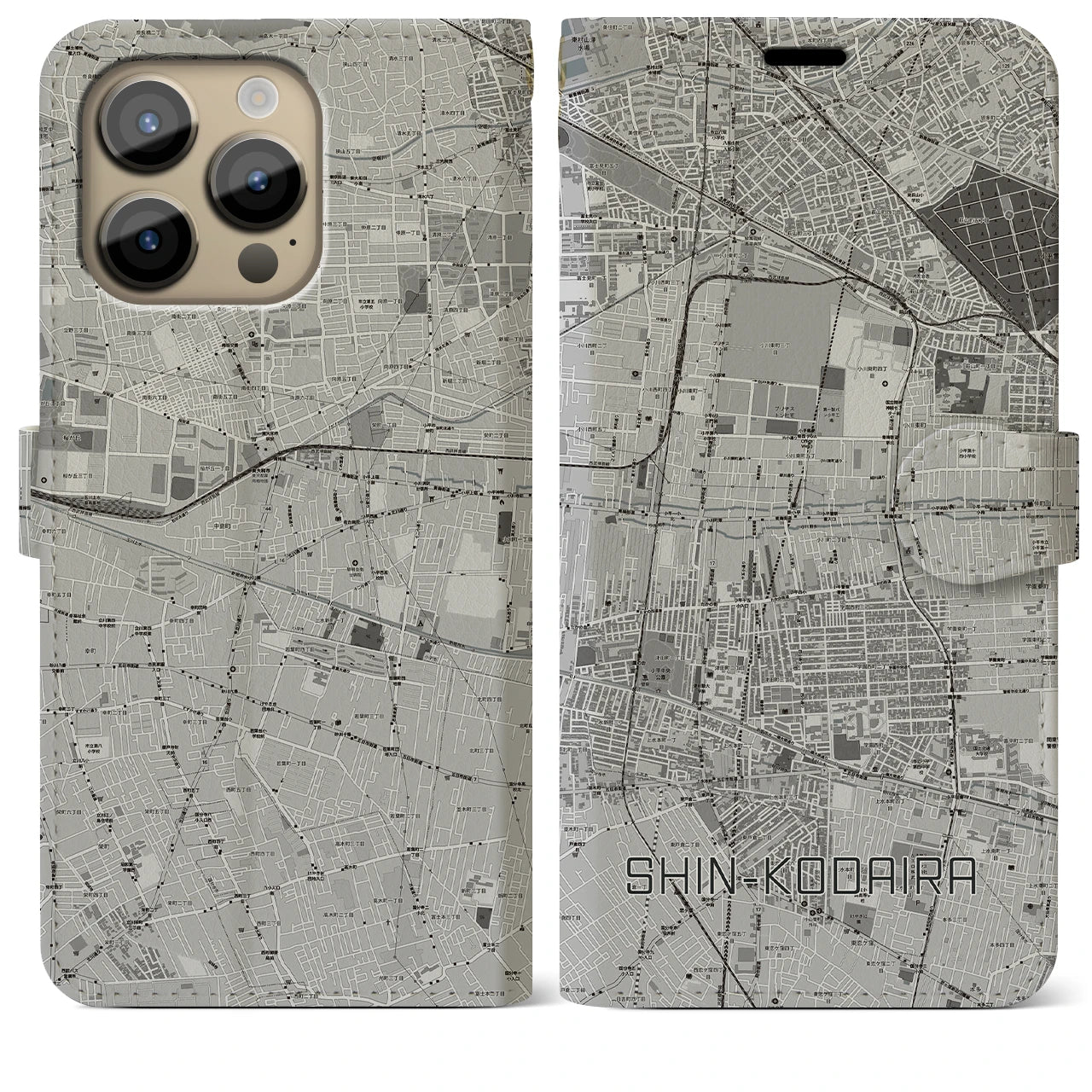 【新小平(東京都)】地図柄iPhoneケース(手帳タイプ)モノトーン・iPhone 14 Pro Max 用