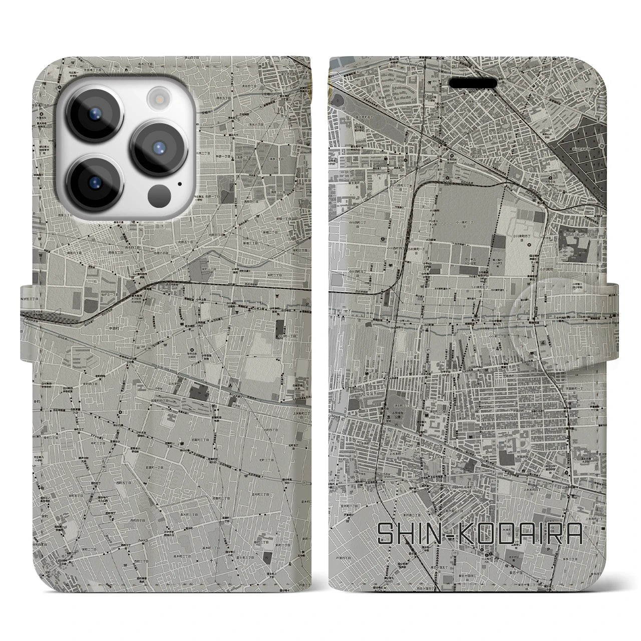 【新小平(東京都)】地図柄iPhoneケース(手帳タイプ)モノトーン・iPhone 14 Pro 用