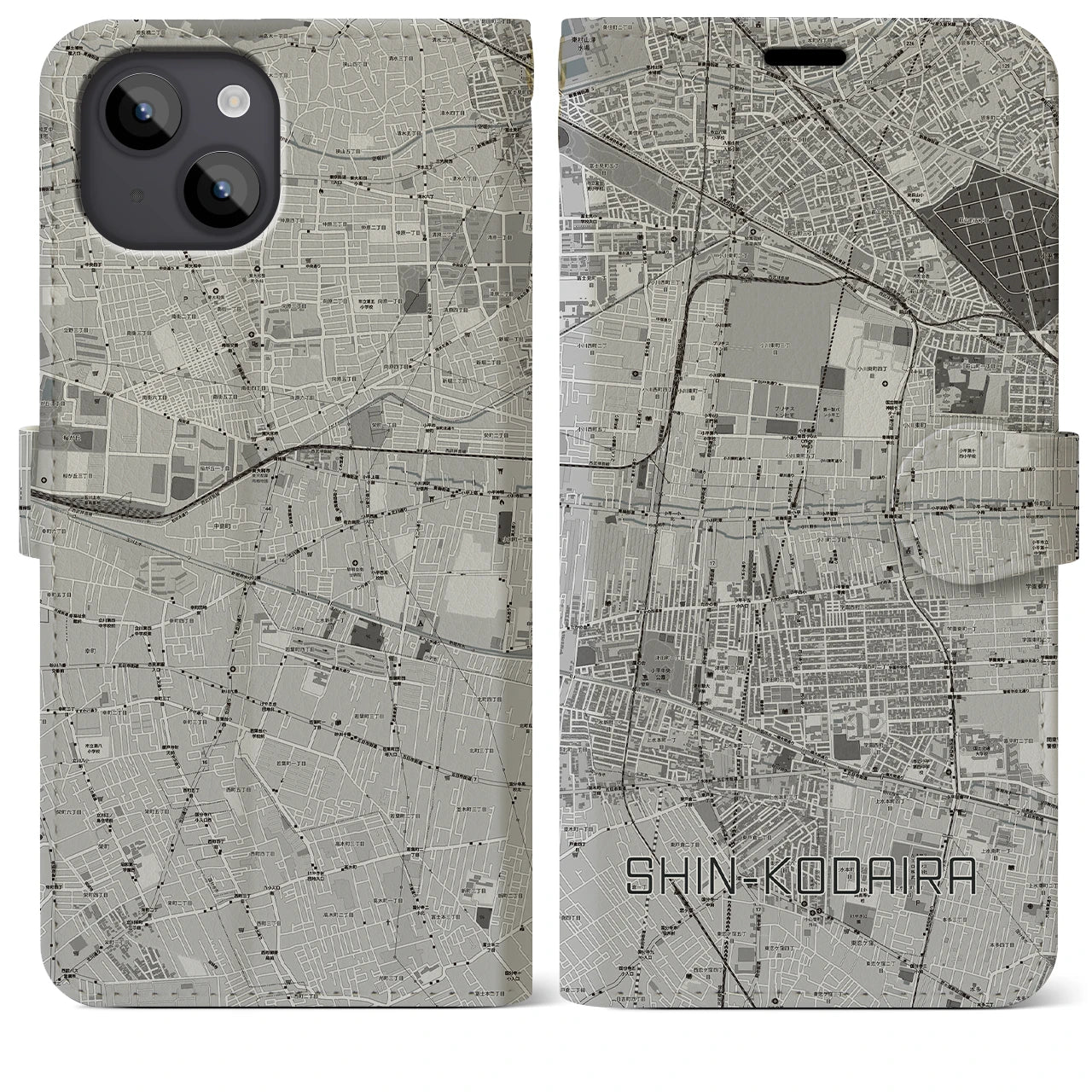 【新小平(東京都)】地図柄iPhoneケース(手帳タイプ)モノトーン・iPhone 14 Plus 用