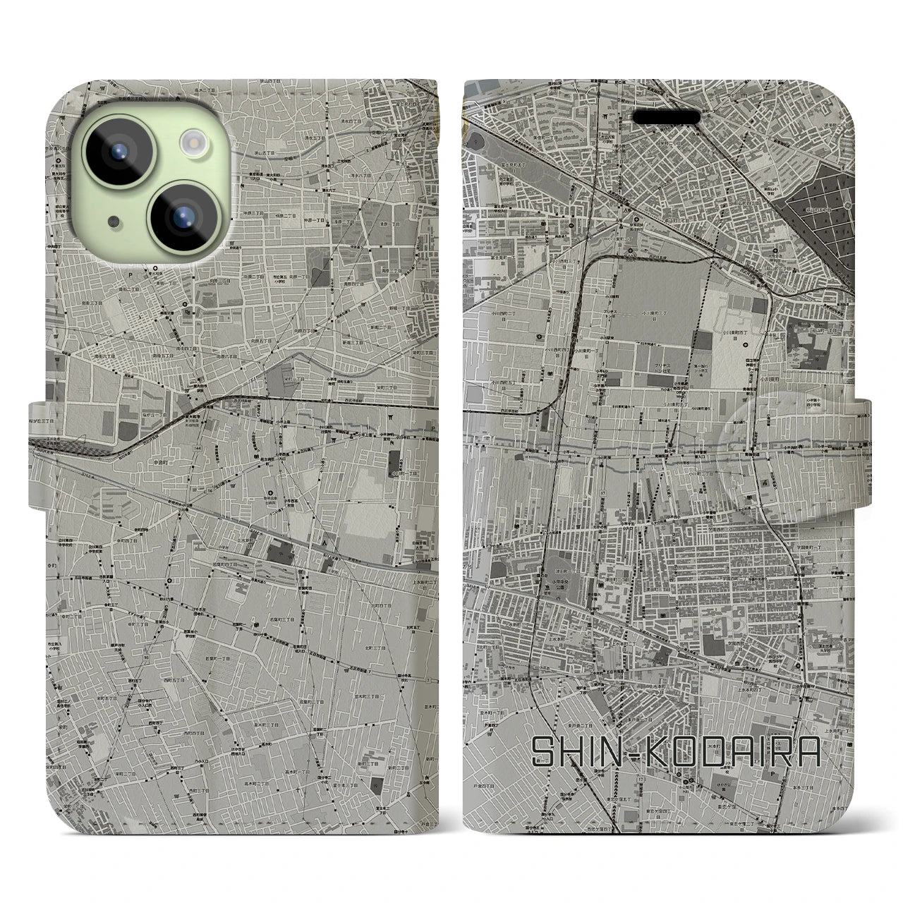 【新小平(東京都)】地図柄iPhoneケース(手帳タイプ)モノトーン・iPhone 15 用