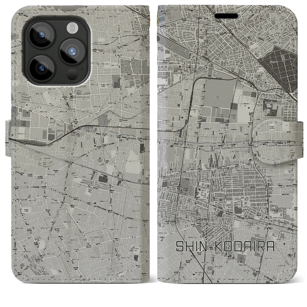 【新小平(東京都)】地図柄iPhoneケース(手帳タイプ)モノトーン・iPhone 15 Pro Max 用