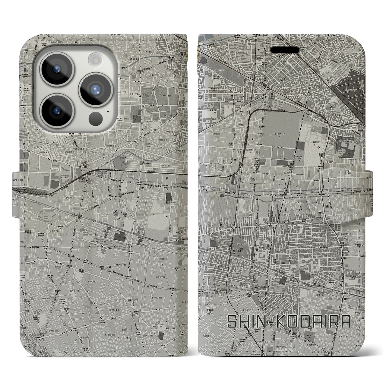 【新小平(東京都)】地図柄iPhoneケース(手帳タイプ)モノトーン・iPhone 15 Pro 用