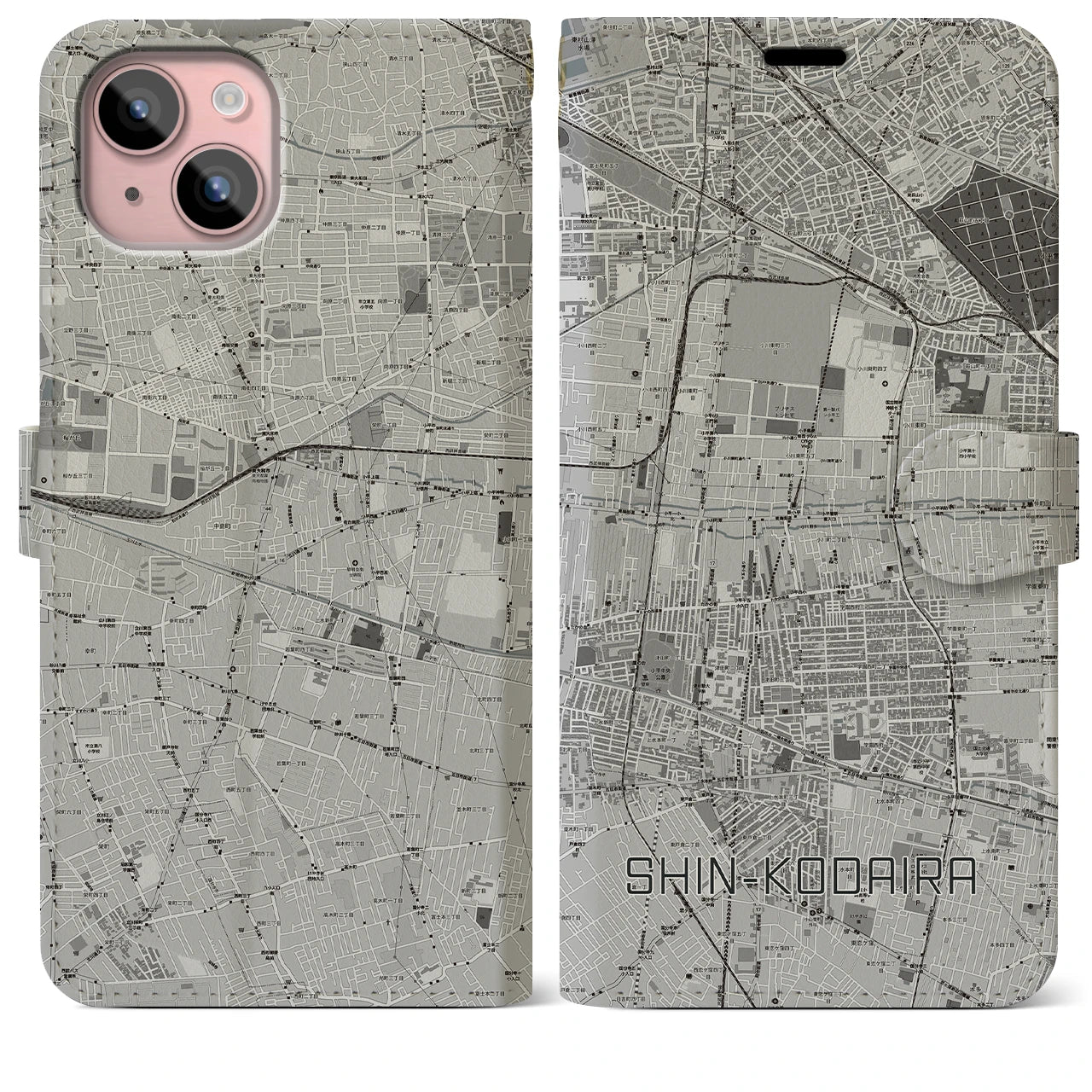 【新小平(東京都)】地図柄iPhoneケース(手帳タイプ)モノトーン・iPhone 15 Plus 用