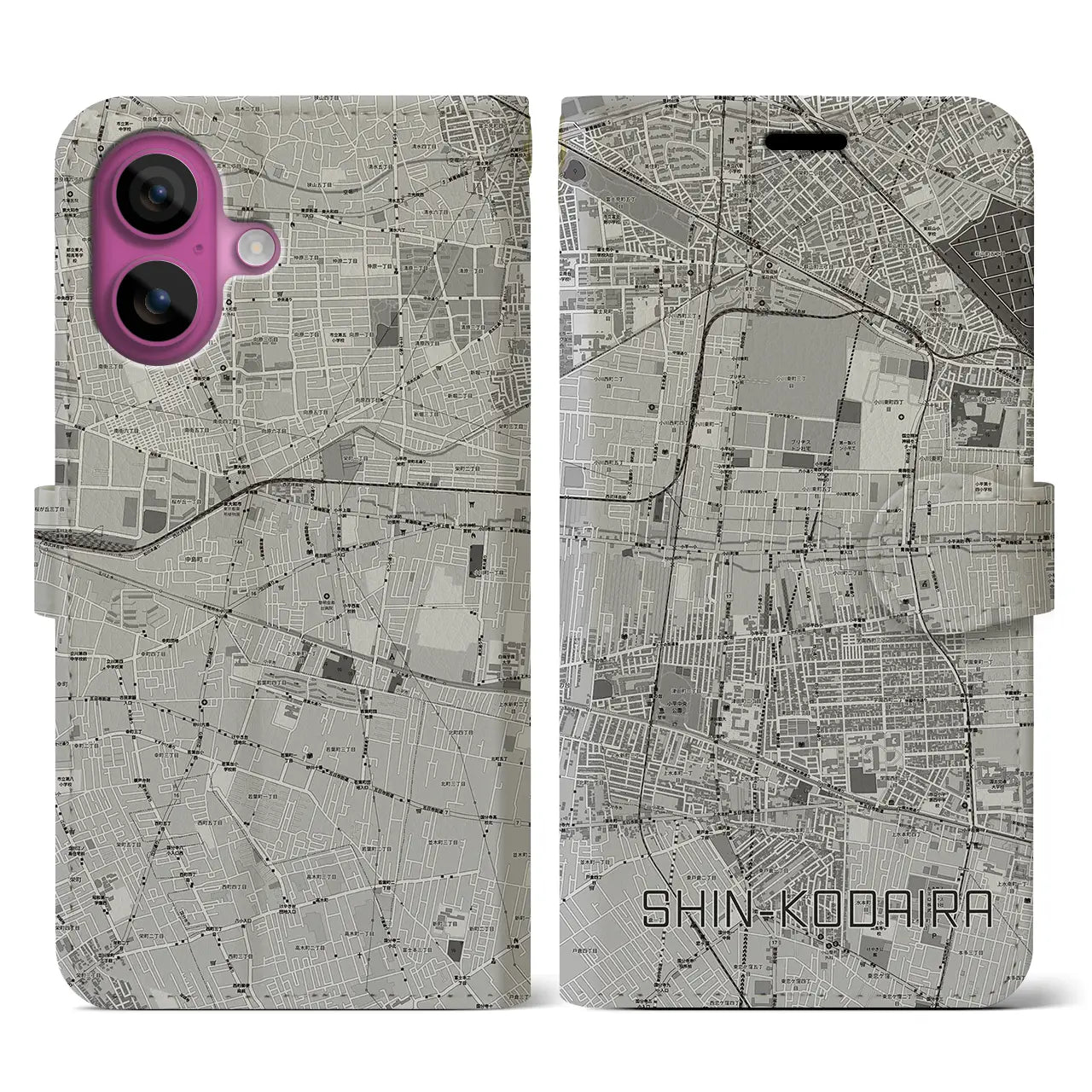 【新小平(東京都)】地図柄iPhoneケース(手帳タイプ)モノトーン・iPhone 16 Pro 用