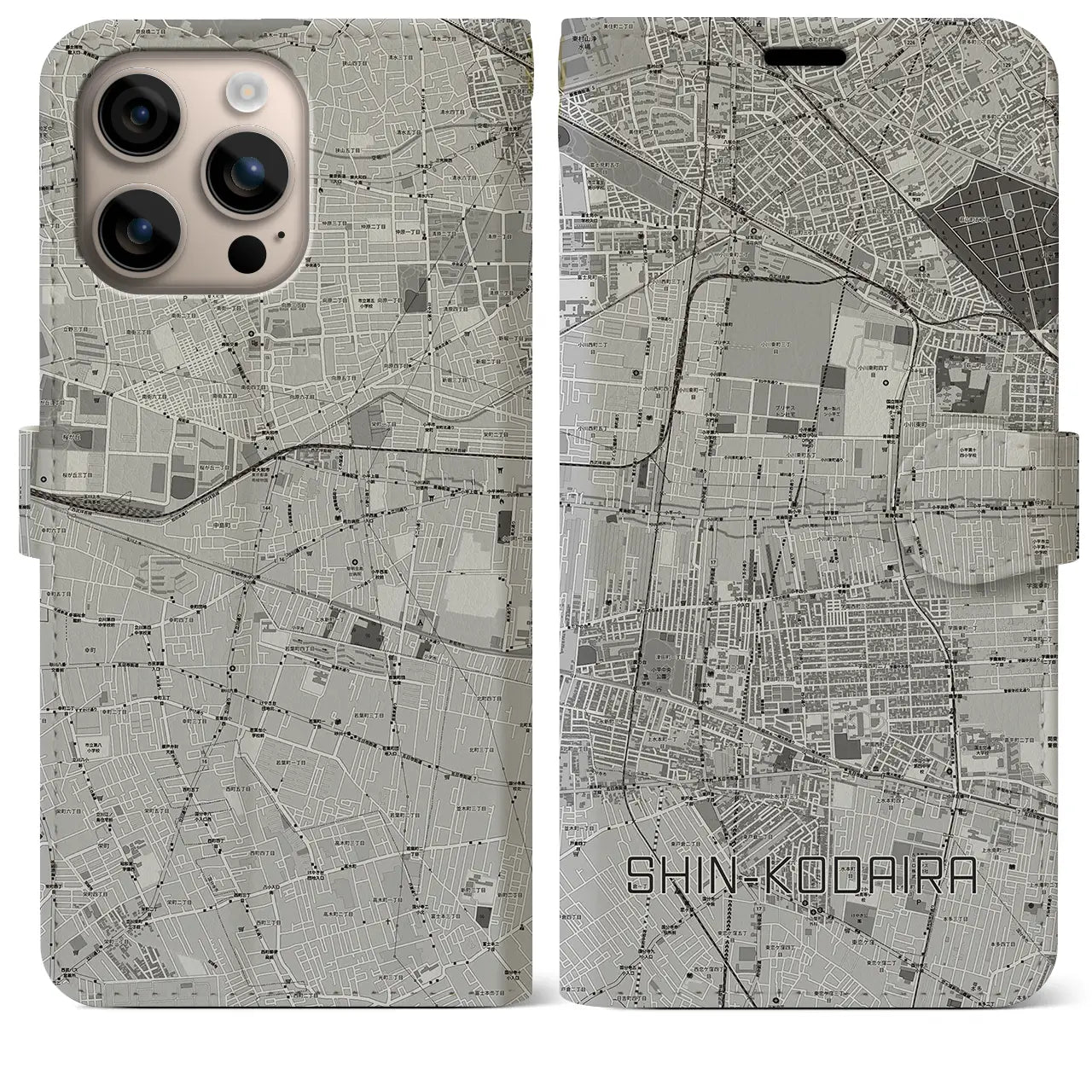 【新小平(東京都)】地図柄iPhoneケース(手帳タイプ)モノトーン・iPhone 16 Plus 用