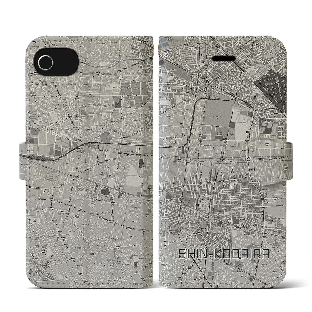【新小平(東京都)】地図柄iPhoneケース(手帳タイプ)モノトーン・iPhone SE(第3 / 第2世代) / 8 / 7 / 6s / 6 用
